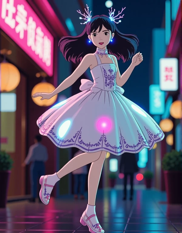  A beautiful young Japanese woman.
 Black hair with blue twigs .
lilac colored eyes, brilliant, obfuscating, expressive, bioluminescentes. 
She's dressed like Lolita .
Lolita style shoes.
 She's happy and jumping for joy.
neon effects.
