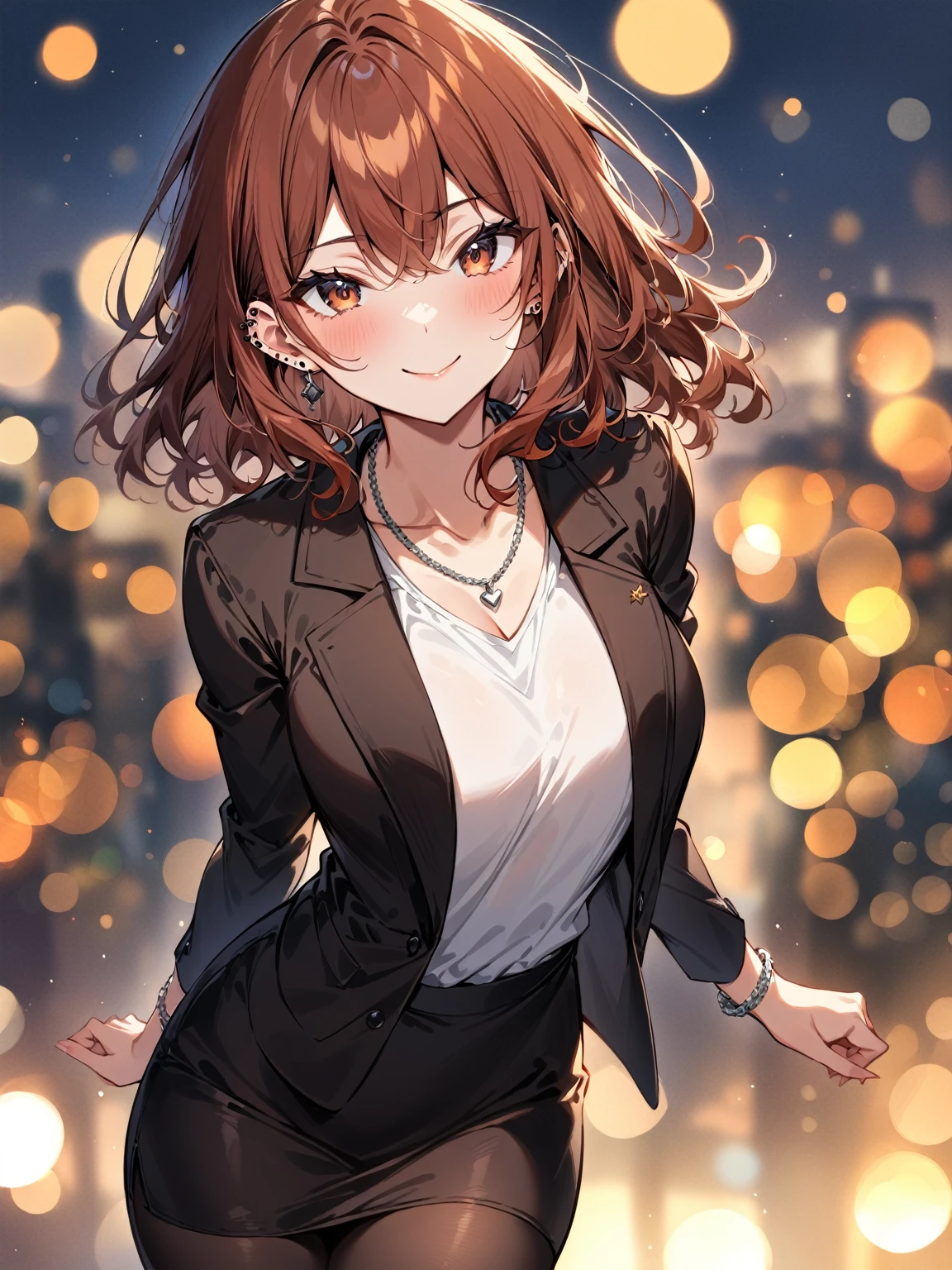 (masterpiece, best quality, very aesthetic, absurdres), 1girl, perfect body, anatomically correct, 31years old, reddish brown hair, medium hair, wavy hair, dark brown eyes, medium breasts, silver chain necklace with small red charm, simple piercings, silver bracelet, looking at viewer, smile, dynamic angles, Professional woman in tailored blazer, open blazer, pencil skirt, black pantyhose, crisp white blouse, minimal makeup, office background, autumn cityscape, shallow depth of field, (bokeh:1.3), blurry background, 85mm lens, 