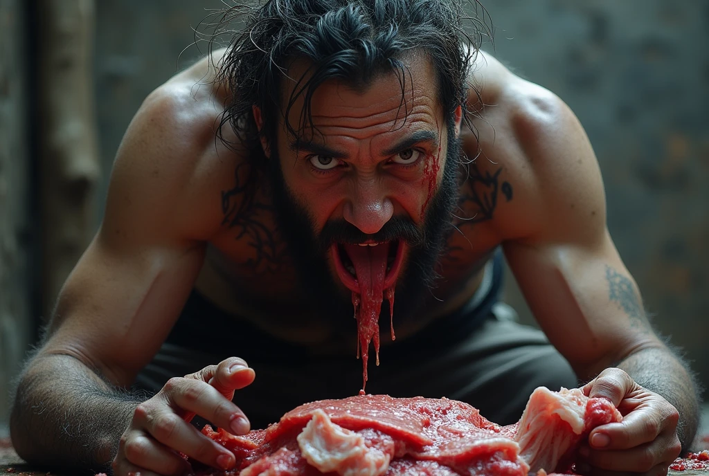 Create a realistic close-up image of a cannibal bearded man eating a human limb 