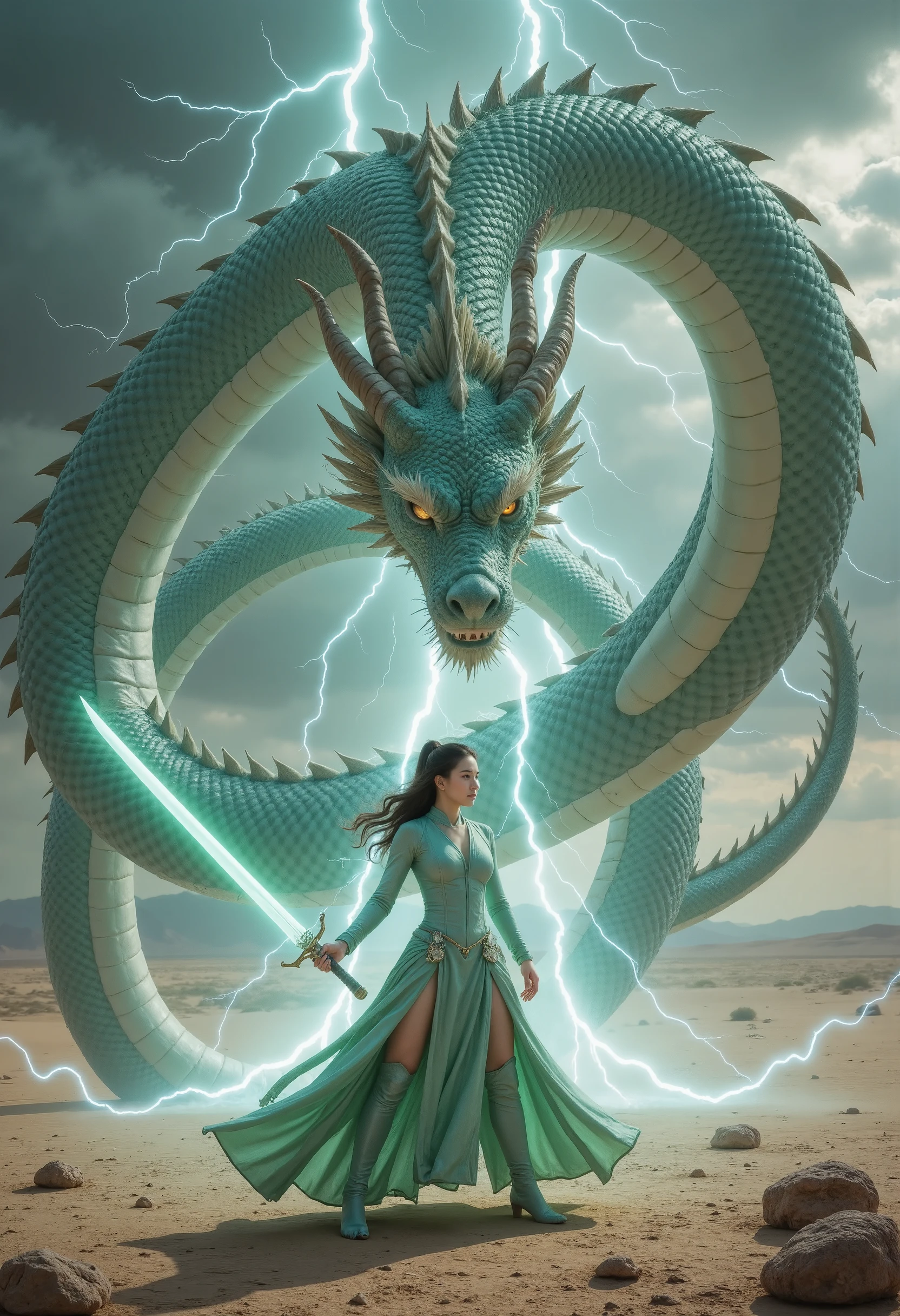   1 beautiful girl,   Unique， Behind them is a huge Chinese dragon，Dragons have dragon claws  ，lightning，desert，Wild Wind  ，Female Swordsman，Hand on the hilt，Emerald Blade Spark  ，Front view, whole body， (( Best quality)), ((masterpiece)), (( actual ))，  Ultra HD，