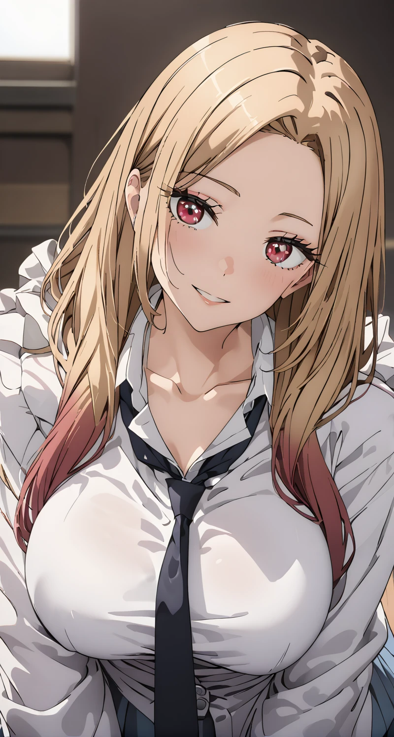 masterpiece, best quality, high quality, detailed, ultra detailed, hyper detailed, exquisite, insanely detailed, beautiful, FHD, Full-HD, 4K, 8k, 16k, highres, absurdres, ((1 woman:1.4, female)), big breast, (head tilt), ((Side down hair , The hair is gathered together on one side, Parted hair, My hair hangs on one side, forehead)), ((fur coat, white fur, black coat, platform boots, black braided boots)), grinning, white T-shirts, oversized shirts, open collar, tie, school skirt, looking at viewer, short hair, (curly hair), Blonde, red hair, multicolored hair, gradient hair, (red eyes, eyes wide open), voluptuous, glamorous, improve, beautiful