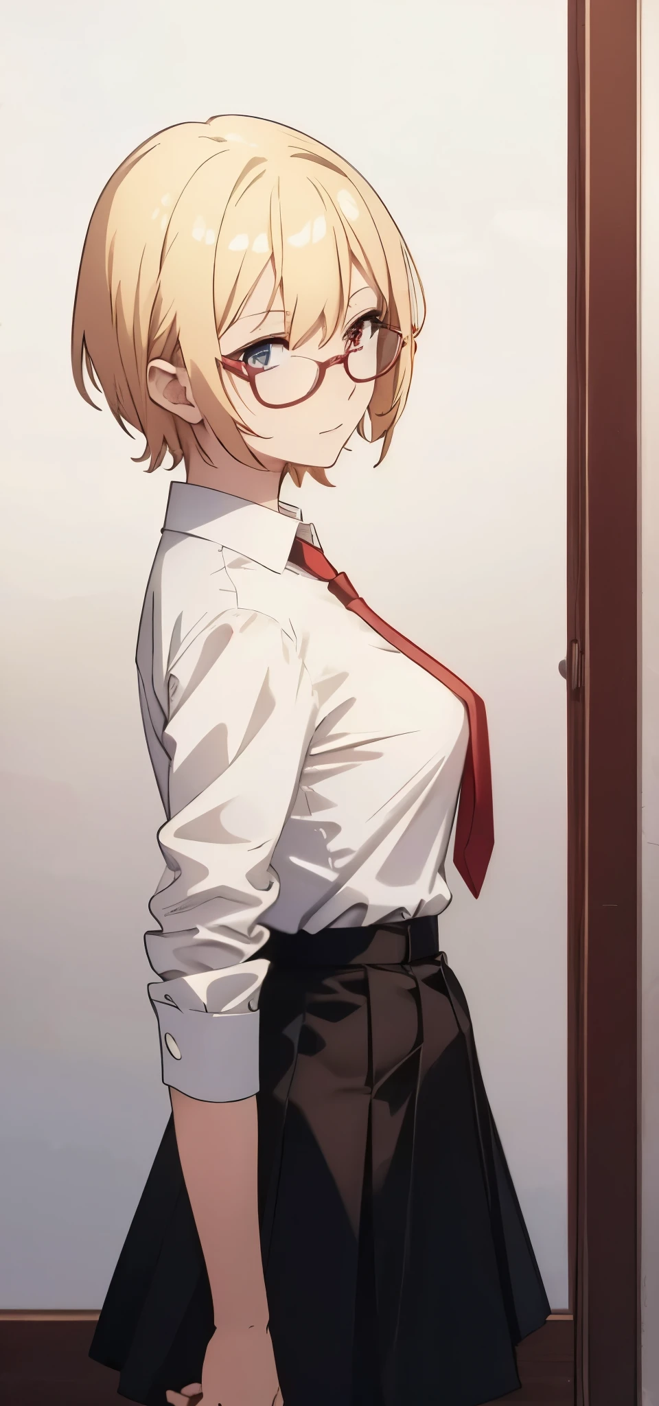 Anime girl blonde hair red glasses , short hair,wearing white shirt red tie , tuned back, looking back, sleeve fold, black skirt, turned around