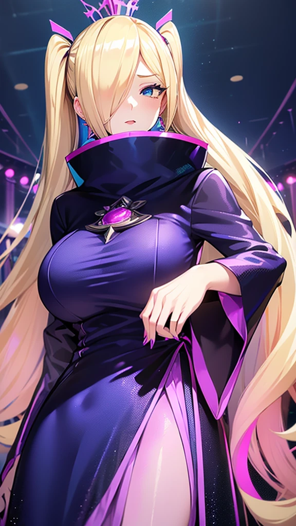  erotic 、Lusamine、 blonde long twin tail voluminous、 blue archive、Big Breasts、 shiny black and purple and light blue sequin dress、Pink love hotel with dim lights、Pink wall、Anxious erotic look 、Open your mouth slightly、Evil female executive、adult、Married Woman、 upper body、 angle from below、lure