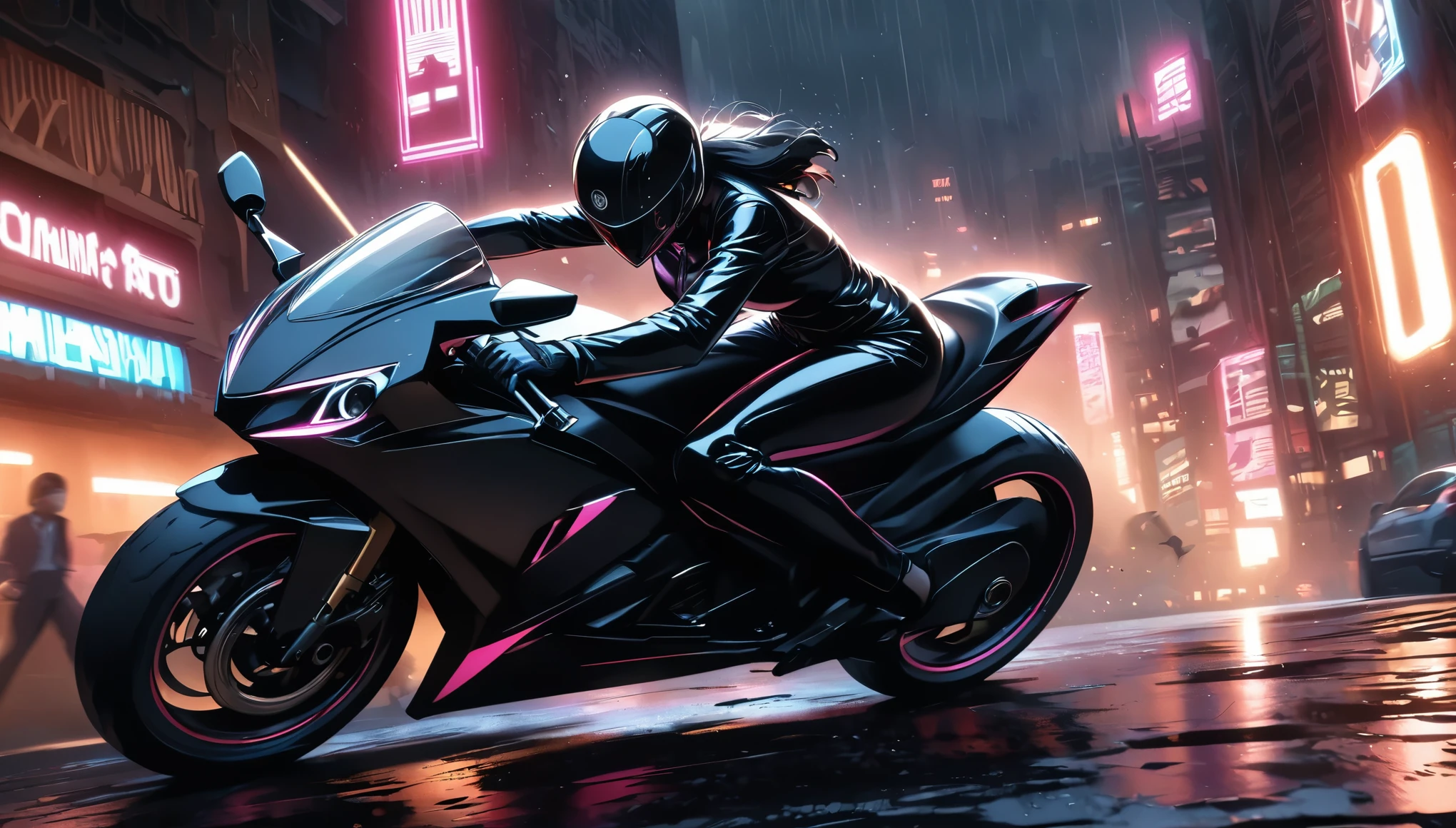 ((masterpiece)), ((Best Quality)), (Very detailed), ((Very detailed)), 4k, (8k), very aesthetic, Absurdres Highres, 1 chico, motorcycle, riding, speed lines, Motion blur, dynamic pose, wind effects, futuristic city, evening, Neon lights, pink lighting, blue lighting, violet lighting, holographic display, aerodynamic motorcycle, lanterns, futuristic helmet, Leather suit, high tech equipment, Skyscraper, metallic, cyberpunk, holographic ads, strong contrast, speed, happiness