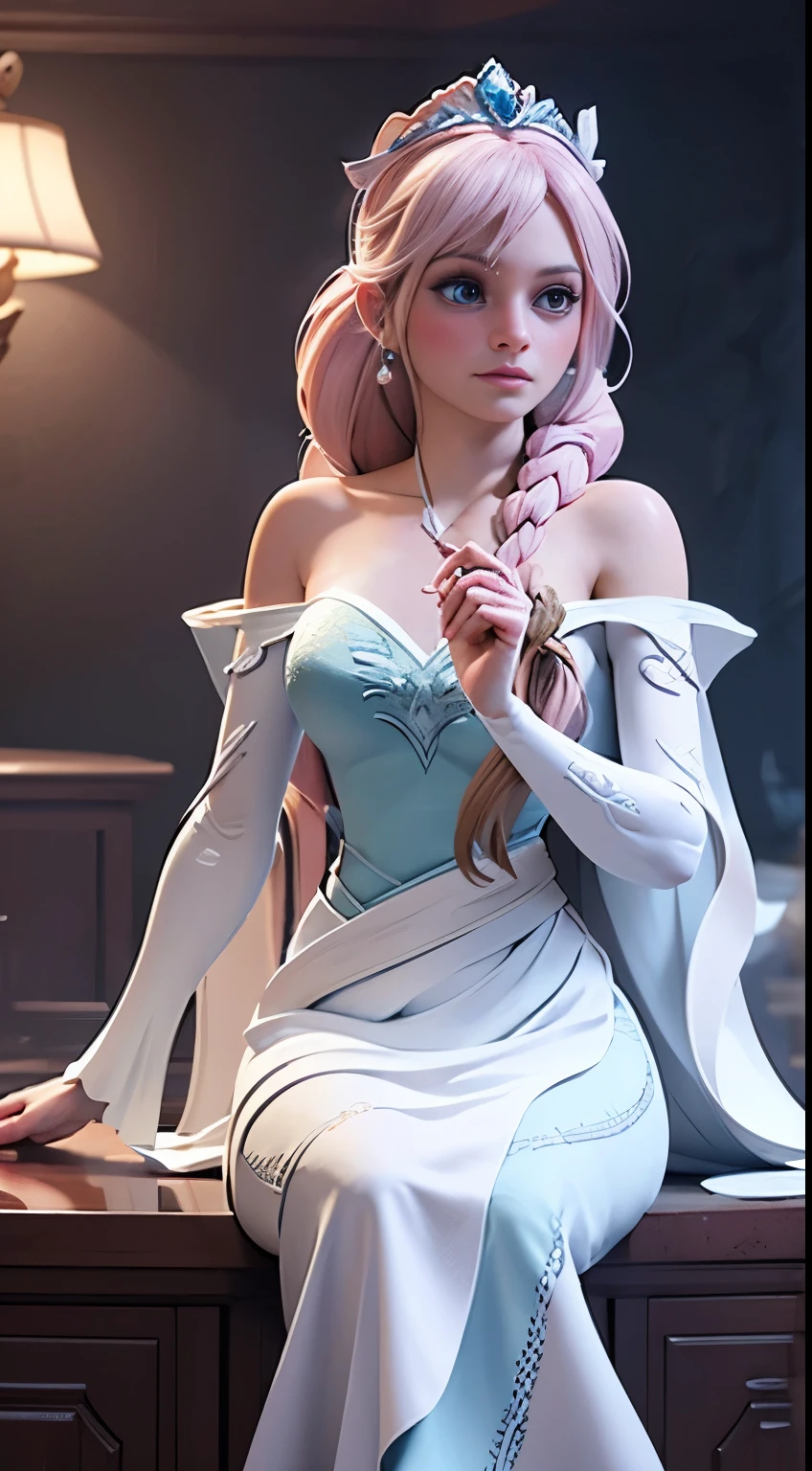 Elsa frozen Rose Quartz fusión. Highly detailed CG unity 8k wallpaper, style shot, complex, high detail, dramatic, highest quality movie still image, very detailed, masterpiece, best quality, character design, Elsa, Elsa from Frozen, (( Dark style)), realistic ultra-detailed rendering style, natural light, sharp character design, (hard focus, 8k), (((natural skin texture))), 8k textures, soft cinematic lighting, adobe lightroom, dark room, hdr, Sophisticated, Elegant, Rich Detail, Sharp Focuilm Look) )), Soothing Tones, Detail Frenzy, Intricate Detail, Super Detail, Low Contrast, Soft Film Lighting, Dull Colors, Exposure Blending, HDR, Fade, 35mm, f/1.4, ISO, f16, 25 sec.