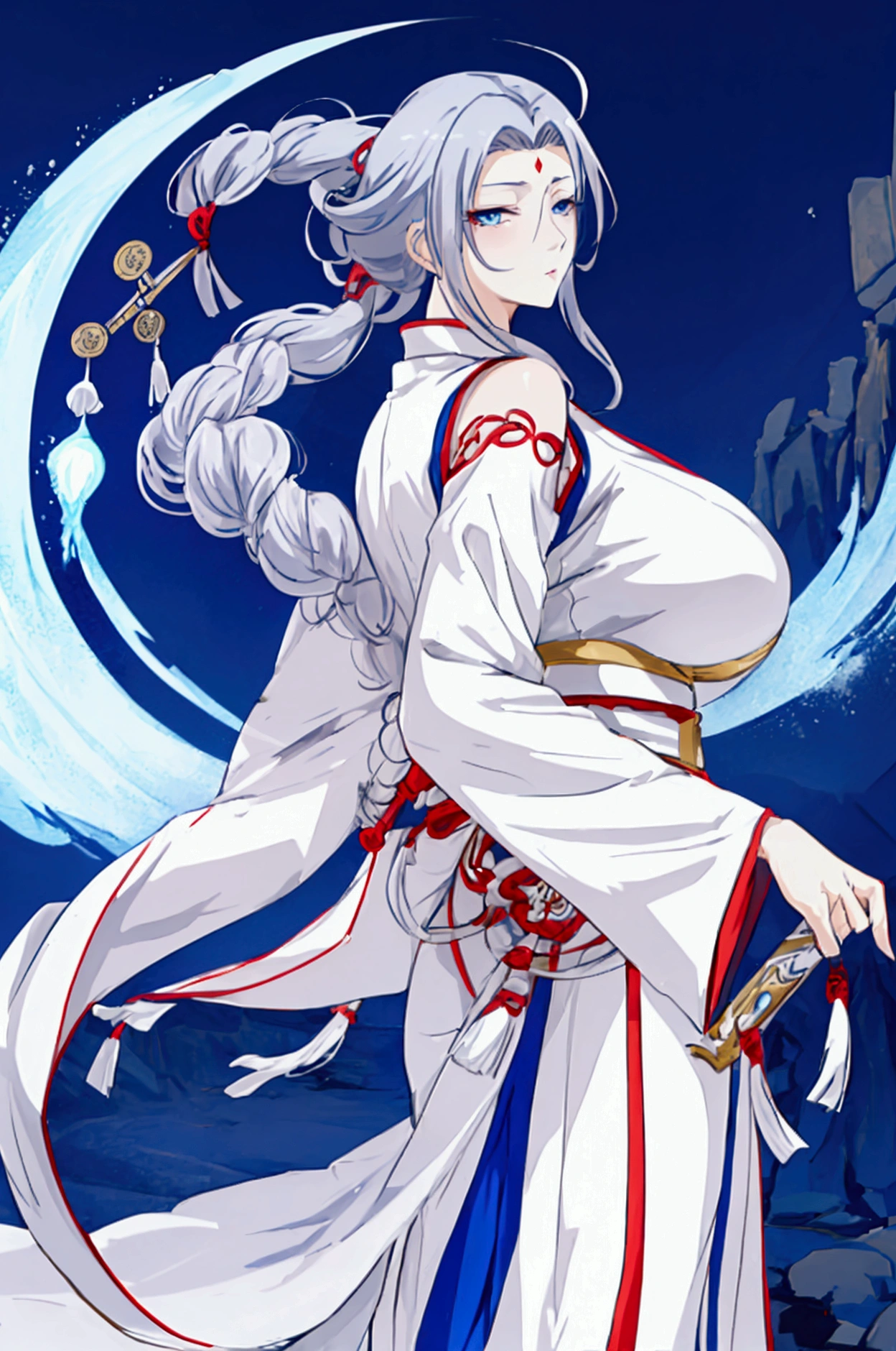 anime woman, mature, beautiful, silver hair, blue eyes, long tied hair, cold and elegant expression, wearing white hanfu, very gigantic breasts, xianxia art style, elegant, sword floating behind the back, taoist sect gate background,