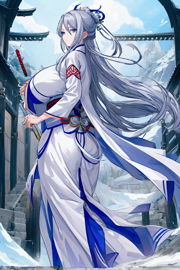 anime woman, mature, beautiful, silver hair, blue eyes, long tied hair, cold and elegant expression, wearing white hanfu, very gigantic breasts, xianxia art style, elegant, sword floating behind the back, taoist sect gate background,