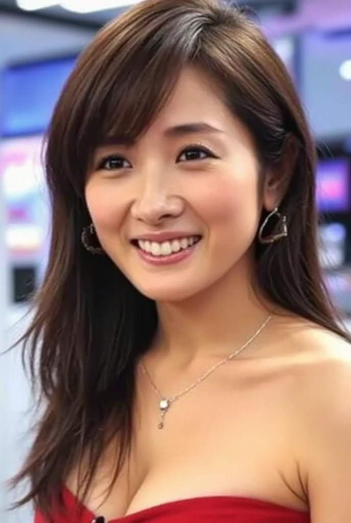  fashion trendy, beautiful and attractive woman,、全力のsmile,( Top quality realistic textured skin :1.4), Detailed eyes, Detailed face,  high quality eyes ,  Lights That Highlight Your Sweaty Skin , Nose and mouth, Face Focus ,  after swallowing a delicate, sexy collarbone ,  Attractive Oval Face , double eyelid,  white skin、smile、 Pink Lips, Small Nose,  Full Body Closeup , Ultra High Resolution, super detailed, ((Full body images:1.4)), Parted bangs、Fluffy hairstyle、 tube top、Nipples、 blue mini skirt、Goes great with a slit miniskirt, big chest、Emphasized breasts、Thighs、Fully open your chest 、 newscaster、News studio background