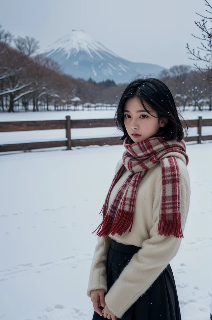 high quality, masterpiece,  ultra high resolution, (Realistic:1.4), Original photo, 1 Girl,  Japanese，（ high contrast）、Black Hair、Moody Tone, Hair swaying in the wind、Beautiful woman，２0 years old、whole bodyショット、 flared skirt 、 knee length skirt、cold、winter，Snow Scene，Snowfall，whitish fluffy coat， Red Check Wool Scarf ，Place your hands on your chest、Detailed depiction of the hand、 short hair、whole body、Red checked scarf、Strong sunlight、Shadow performance、Don&#39;t look at me、Looking into the distance、（profile）