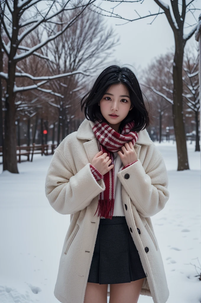 high quality, masterpiece,  ultra high resolution, (Realistic:1.4), Original photo, 1 Girl,  Japanese，（ high contrast）、Black Hair、Moody Tone, Hair swaying in the wind、Beautiful woman，２0 years old、whole bodyショット、 flared skirt 、 knee length skirt、cold、winter，Snow Scene，Snowfall，whitish fluffy coat， Red Check Wool Scarf ，Place your hands on your chest、Detailed depiction of the hand、 short hair、whole body、Red checked scarf、Strong sunlight、Shadow performance、Don&#39;t look at me、Looking into the distance、（profile）