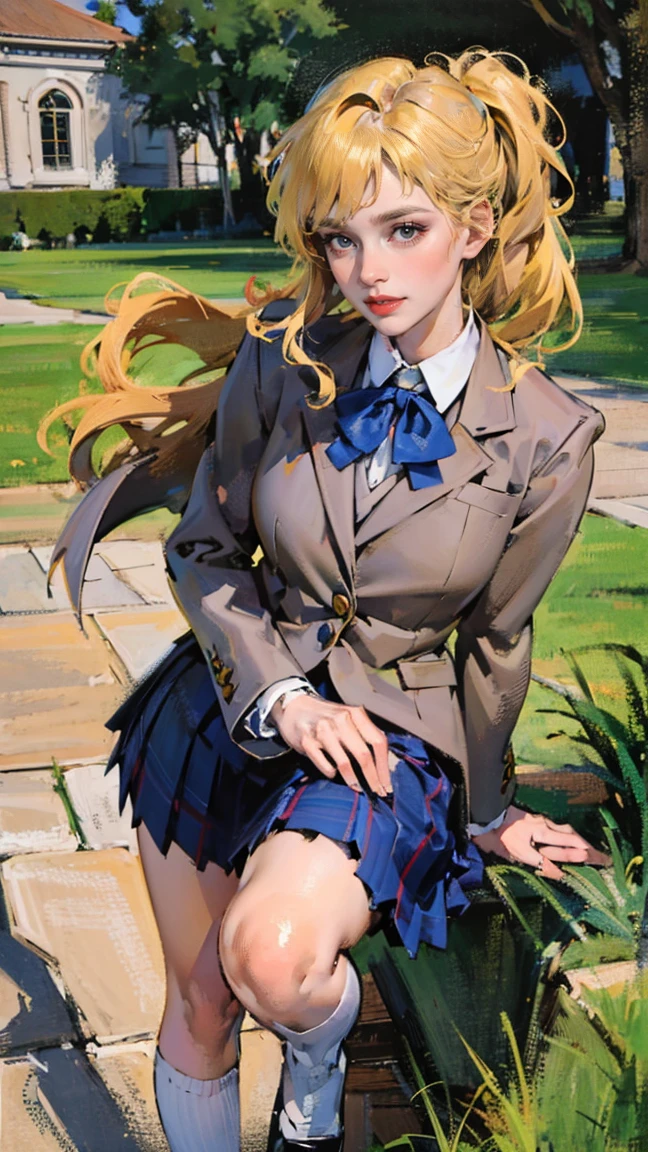 Sophie Yamamoto-Von Hohenberg, a poised and elegant teenage girl, standing confidently in a pristine Swiss private school courtyard, wearing an immaculate school uniform consisting of a tailored blazer, crisp white shirt, plaid skirt, and knee-high socks. Her long, blonde hair is neatly styled, and she carries a designer school bag over her shoulder, blending youthful grace with subtle luxury. The background features the prestigious school’s elegant architecture, with manicured lawns and stone pathways. Full body portrait, photorealistic, 8K resolution, soft natural lighting, ultra-detailed, Leica 50mm lens, sharp focus, neutral colors, professional composition.
