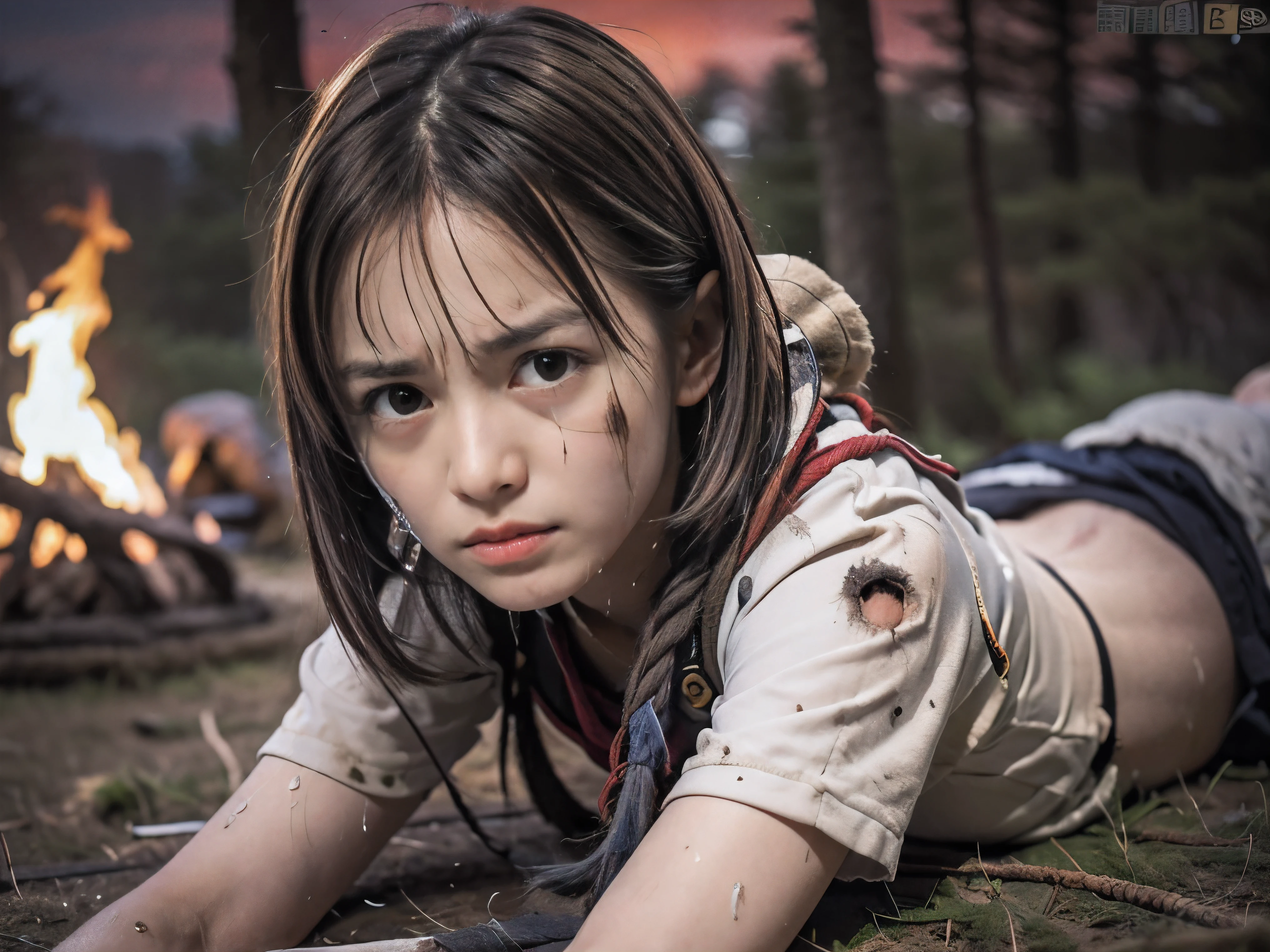 (Low angle shot of one slender small breasts round face brown short hair with bangs girl in a samurai silver armor:1.5)、(One girl is lying with her back behind on the wilderness land at the Sengoku period in Japan with crying dirty sperm splashed face:1.5)、(One girl has splashed sperm and blood on her face and body:1.5)、(One girl is tied wrist by rope:1.5)、(The big fire and burning trees on the wilderness land with red sky:1.5)、(blurred background:1.5)、(Natural light:1.5)、(8k ultra detailed master piece:1.5)、(perfect anatomy:1.5)、(Photorealistic stick:1.5)、(Raw photo:1.3)、(highest quality:1.5)、(High resolution:1.3)、(Delicate and beautiful perfect face:1.3)、(Delicate and beautiful eye air skin:1.3)、(Real Human Skin:1.3)、((thin legs))