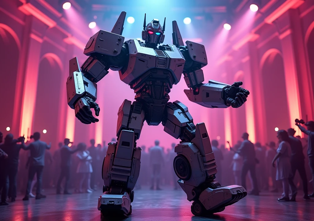 Humanoid ultra-high-tech transformer robot ultra-highly detailed and complex dancing on the disco stage, full height, full pose, full body, transformer robot is shown in detail, extraterrestrial robotics technology, super detailed transformer, dancing on stage, as realistic as possible, high resolution FHD, 4k
