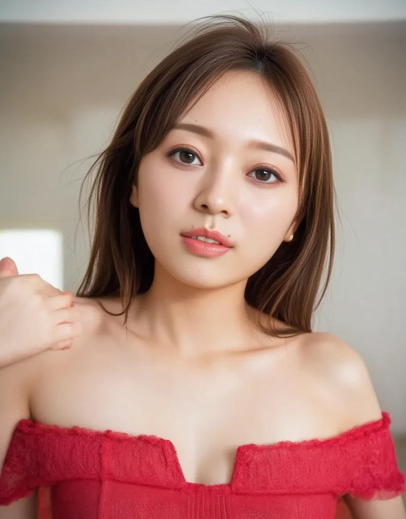  fashion trendy, beautiful and attractive woman, ,( Top quality realistic textured skin :1.4), Detailed eyes, Detailed face,  high quality eyes ,  Lights That Highlight Your Sweaty Skin , Nose and mouth, Face Focus ,  after swallowing a delicate, sexy collarbone ,  Attractive Oval Face , double eyelid,  white skin、smile、 Pink Lips, Small Nose, Shoulder Bare, Full Body Closeup , Ultra High Resolution, super detailed, Full body images, Ultra-thin and transparent, Red off-the-shoulder dress、Goes great with a slit miniskirt, big chest、Emphasized breasts、Thighs、Small breasts、