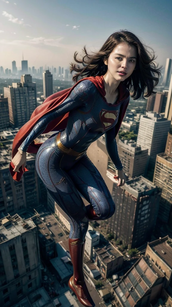 (Highest quality、Masterpiece、Best Quality、 Kampala)、One Woman、Alone、(flat chest、small breast、slim body)、( superman costume )、(Superman's cape)、(she is floating in the air:1.3)、Outdoor、(Dilapidated cityscape:1.3)