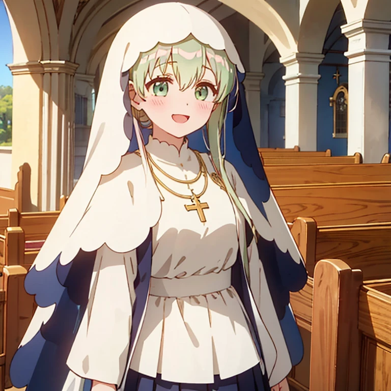 ((Best Quality)), ((masterpiece)), ( Details),One girl、Cecilia、whole body、
:d、bangs、blush、dress、 eyebrows visible through hair 、 hair between eyes 、 JEWELRY、Long Hair、 necklace 、white nun、Outdoor、smile、One person、White Veil 、 black pleated skirt、、
bright church interior 、８k