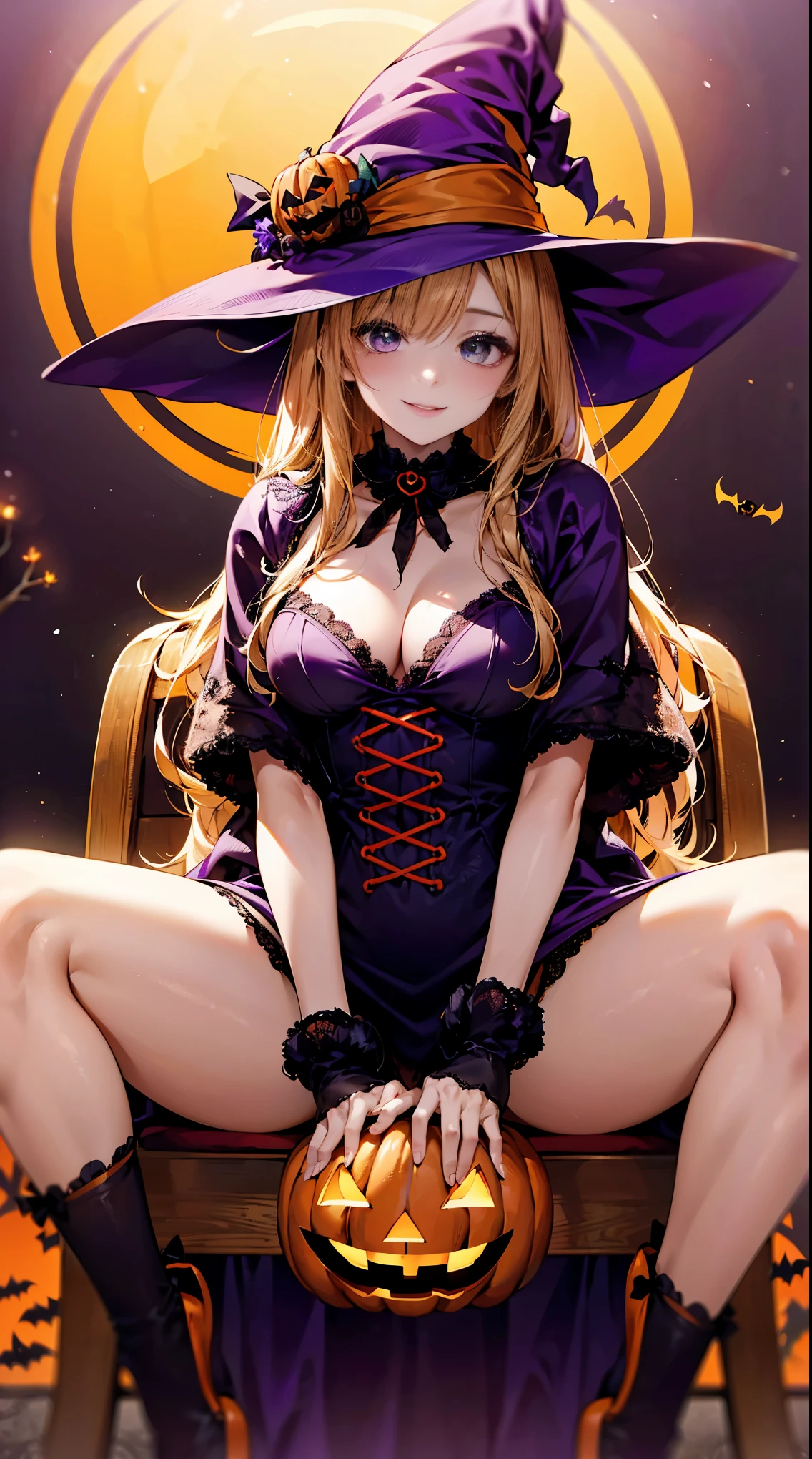 ((highly detailed)), masterpiece, absurdres, (detailed eyes, deep eyes), (1girl), 8K, anime girl with long blonde fluffy hair, pink eyes, witch, magician, sorcerer, black outfit, skirt, puffy shirt, big witch hat, purple stockings, black boots, heels
