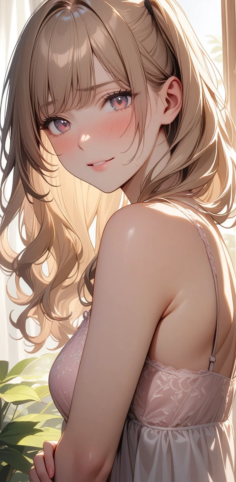 （a side ponytail:1.5、 I drool、   embarrassed expression   、 composition focusing on the face  、nsfw.（ embroidered light pink lingerie with a very delicate depiction :1.7）、（ transparent lingerie :1.8）.2 women,    Woman with a gentle expression .  soft pink and beige hair color ,   Natural Light Creates Gentle Shadows on the Face,   soft wavy hair and smooth skin , Warm light shines in,  A little star shining in your eyes ,   long eyelashes, Soft lip lines, Natural three-dimensional effect,  gentle smile, ((masterpiece)), ((  best quality  )), (  very detailed  ), (  very detailed  )), 4K, (8k),   so beautiful,  absurd,  Kampala ,