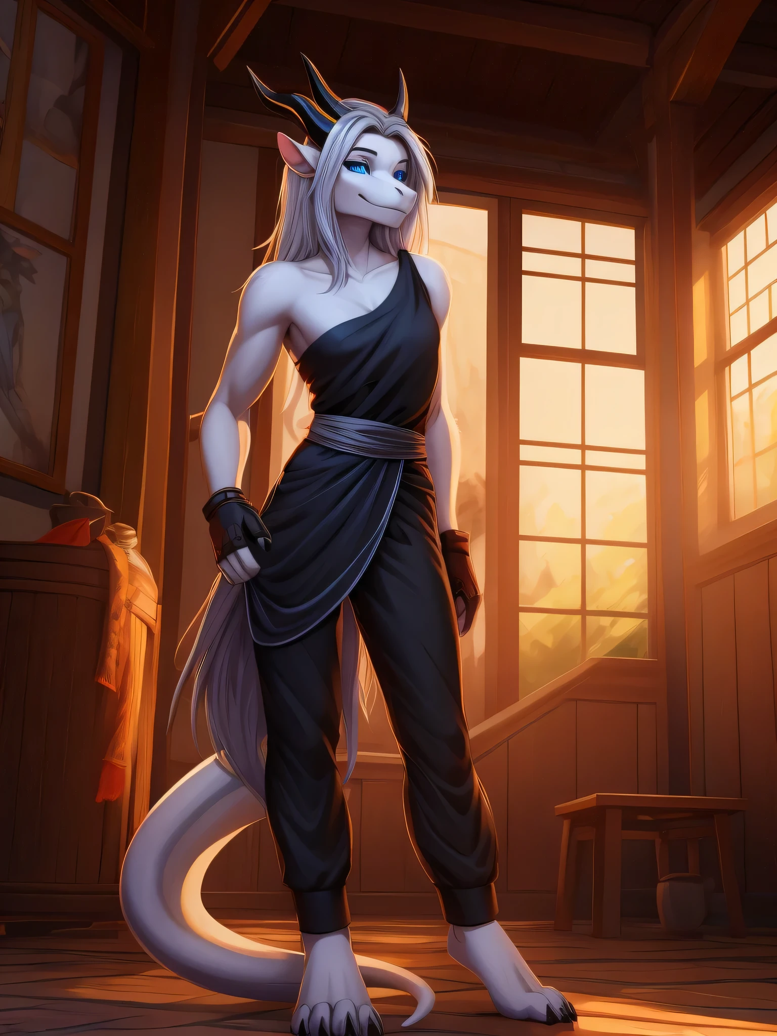 (masterpiece, best quality, high quality, highres:1.4), detailed, extremely detailed, dark lighting, 4K, female, 1female, slim_woman, toned body, dragon, white body, smooth skin, anthro legs, tone body, (dragon feet), (toe claw), black spikes, blue eyes, (detailed eyes), dragon horns, dragon tail, bare_shoulders, (clothing, topwear: tanktop, handwear:(cloth wrap), bottomwear:(pants:black))), beautiful, ((mouth closed)), long silver hair, has hair, pretty, monk, timid, averting eyes, cute, standing in a dojo, smiling