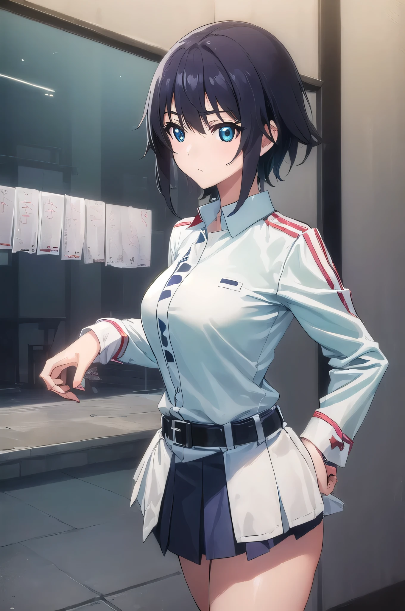 orimura ichika is a female、 orimura ichika as a female、Alone、Black Hair、Short Hair、Female focus、( Teal Eyelids:1.3)、Big Breasts、 very large breasts、Mature female 、school uniform、belt、skirt、タイトskirt、uniform、military、military uniform、indoors、classroom、 looking at viewer、( cowboy shot of a man:1.5)、、(masterpiece:1.2)、Best Quality、 Kampala、Unity 8k wallpaper、(Illustration:0.8)、( Beautiful eyes with great attention to detail:1.6)、 Highly Detailed Face 、perfect lighting、 very detailed CG、(Perfect hands,  perfect anatomy)、