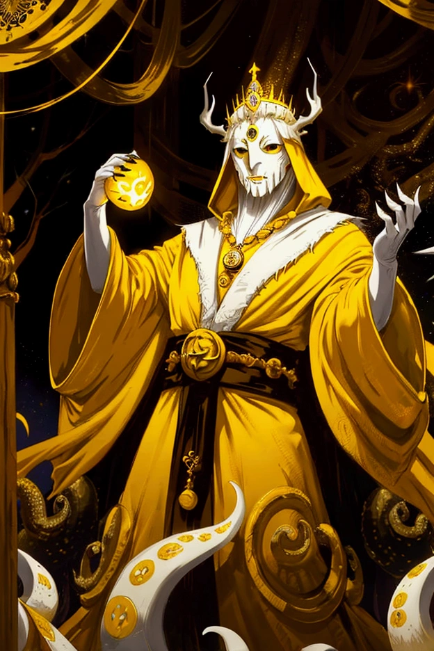 a painting of a man dressed in a yellow robe and a crown, hastur the king in yellow, yellow-robed cultist, king in yellow, a professional digital painting of the king in yellow wearing a tattered yellow cloak standing in a ballroom gripping a medallion in his claws, (white porcelain mask:1.05),painting of the king in yellow wearing a cloak and a mask, antlers, crown, cosmic background, gold and white and black color scheme surrounded by a mass of writhing tentacles, ornate baroque ballroom background, antlers, crown, high quality