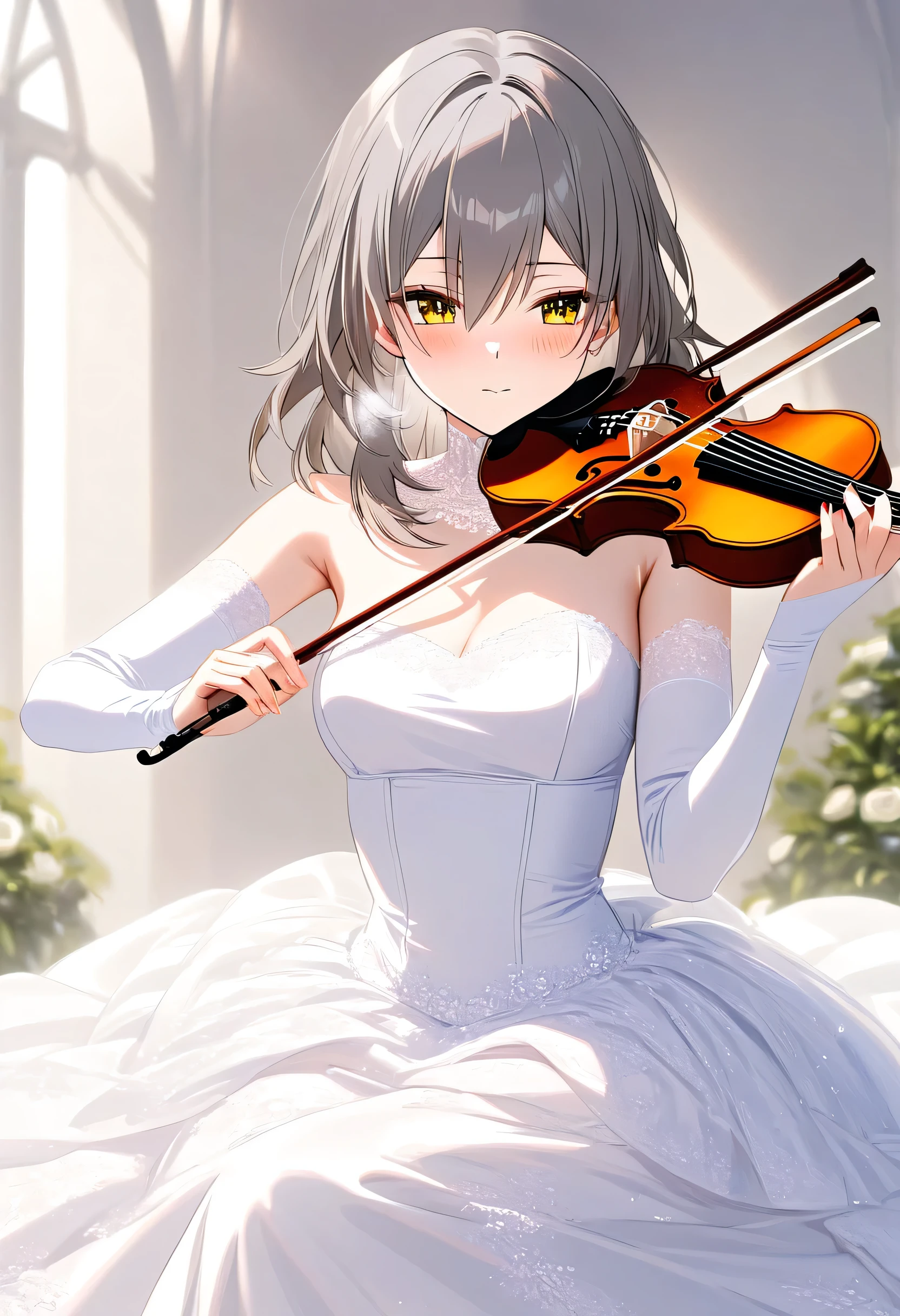 stelle \(honkai: star rail\), grey hair, bangs, hair between eyes, long hair, yellow eyes, medium breasts, blush, closed mouth, heavy breathing, The violin bow is white, A girl is playing violin bow, acoustic violin bow, playing instrument, wedding dress, long sleeve, full length skirt, princess, long elbow gloves, over-knee highs, neat and clean and cute and young girl, (masterpiece:1.2), (best quality:1.2), (very aesthetic:1.2), (absurdres:1.2), (detailed background), (detailed face:1.1), masterpiece, best quality, beautiful detailed eyes,