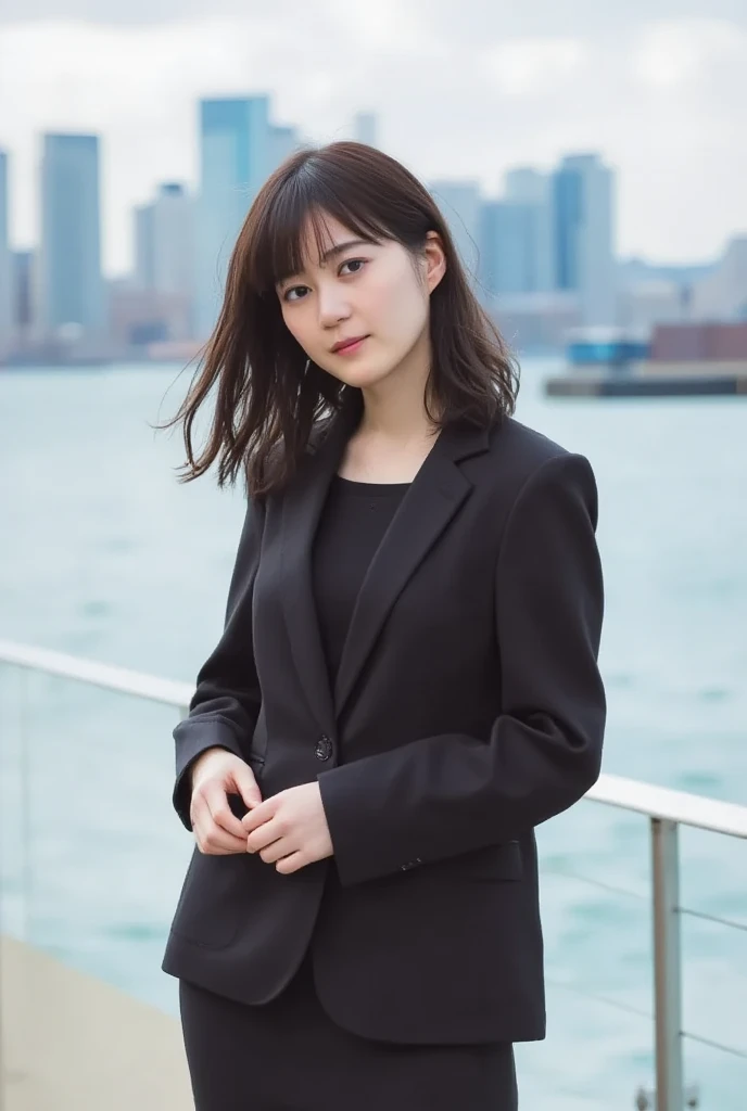 A portrait of a 30s Japanese woman is standing somewhere near a port,Osaka city. She is turing around gazing at me interestingly. She wears a black business suit with black stockings like a woman who  works in the hostess bar i the  1990s. Her hair was slightly waved by weak wind. The image focuses on her torso and the front view.
