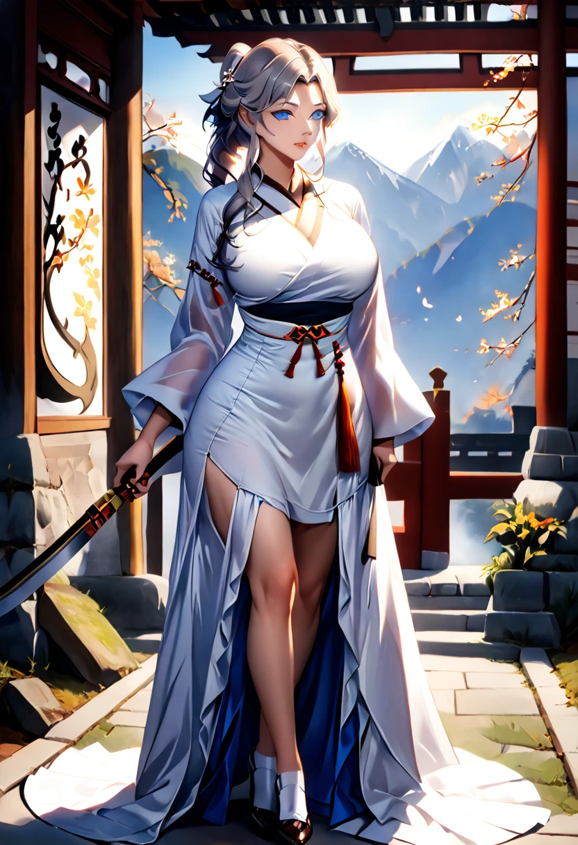 anime woman, mature, beautiful, silver hair, blue eyes, long tied hair, cold and elegant expression, wearing white hanfu, very gigantic breasts, small waist, big butt, long legs, perfect S curve, xianxia art style, elegant, sword floating behind the back, taoist sect gate background,
