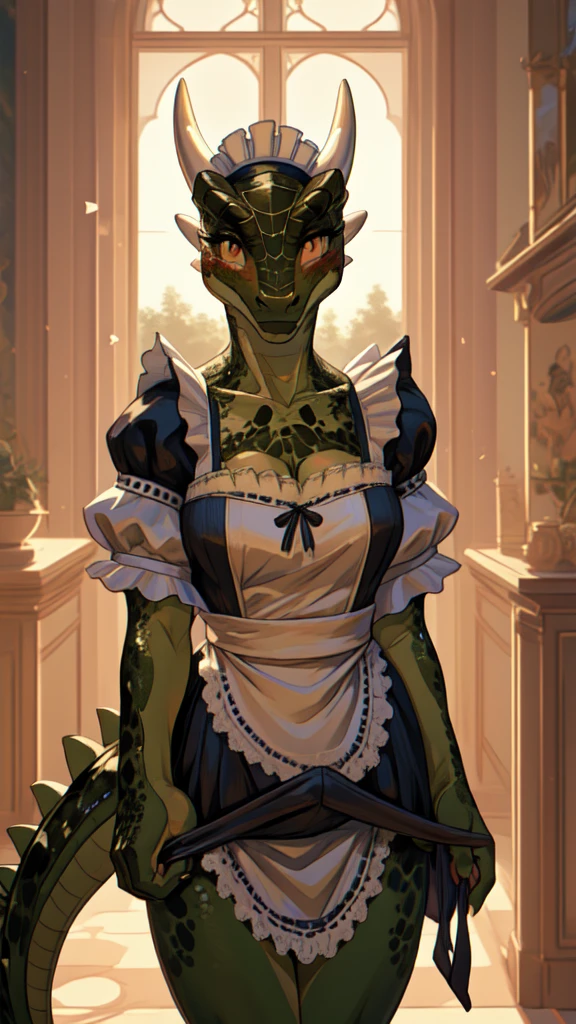 anime, hdr, soft light, ((best quality)), ((masterpiece)), (detailed), lustyargonian, maid, colored skin, féminin, green skin, maid headdress, tail, horns, (scales:1.2), (snout, animal nose:1.1), blush, embarrassed, (looking at viewer:1.1), cowboy shot,  (sexy undressing pose:1.5), mansion, (nsfw:0.35), elle jouit