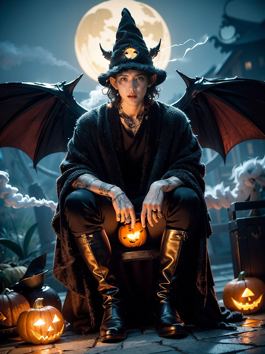  and a handsome, masculine guy with curly hair ，I have smoky eyeshadow on my face，A handsome man with vampire wings on his back ， wears a velvet wizard robe armor，Elf ears，Wear boots on your feet，Wears a wizard hat on his head ， with pumpkin lanterns and skulls next to it， full of smoke，Weird atmosphere