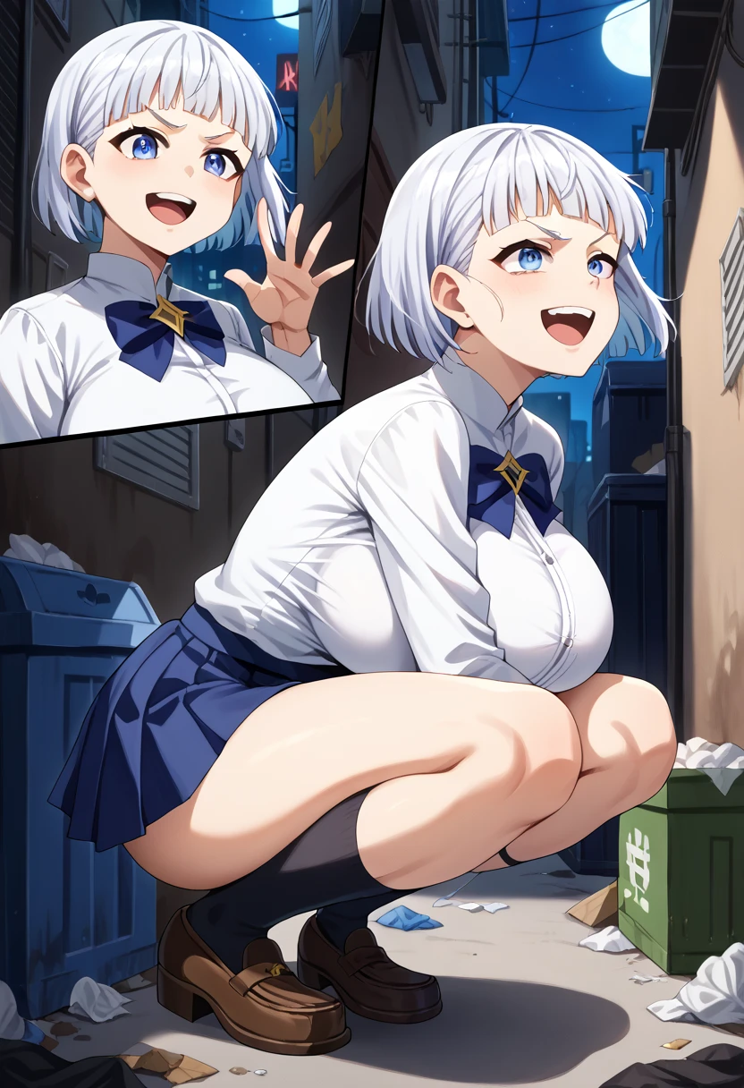  score_9, score_7_up, break source_Anime, Yayoi_T,  1 girl, Alone, white hair, shorT hair, blue eye,eyeの下のほくろ,  whiTe shirT, navy blue mini skirT,huge breasTs, Black socks, brown loafers , smile, open mouTh, closure_eye, squaTTing, Dark Alley, nighT ciTy, garbage, Trash box, break (mulTiple views),Clap &#39;em,teeth,Slap marks,moTion blur,moTion lines,afTerimage,
