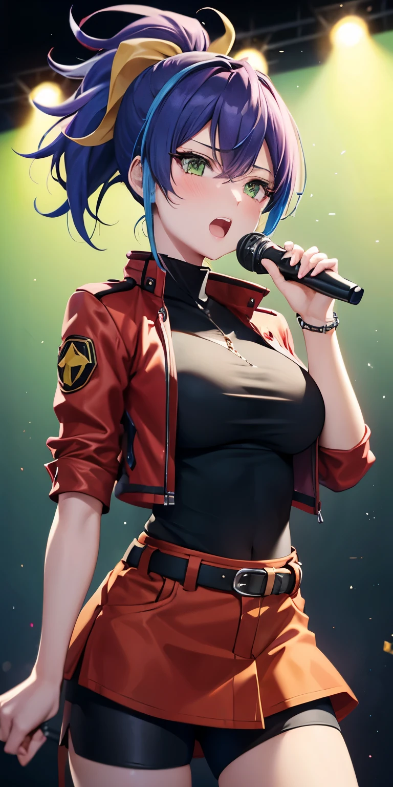 1 Female,High definition,high resolution,Ultra-realistic,8K, aaserena, yellow ponytail, ((multicolored hair)), red jacket, black shirt, belt, red skirt,(shorts under skirt), tight skirt, miniskirt ,jewelry, large breasts,holding instrument, microphone, singing,European,sexy,Upper body close-up,Photographed from the front,Dynamic Angles,(blush), (medium tits) ,(perfect hands), multicolored hair