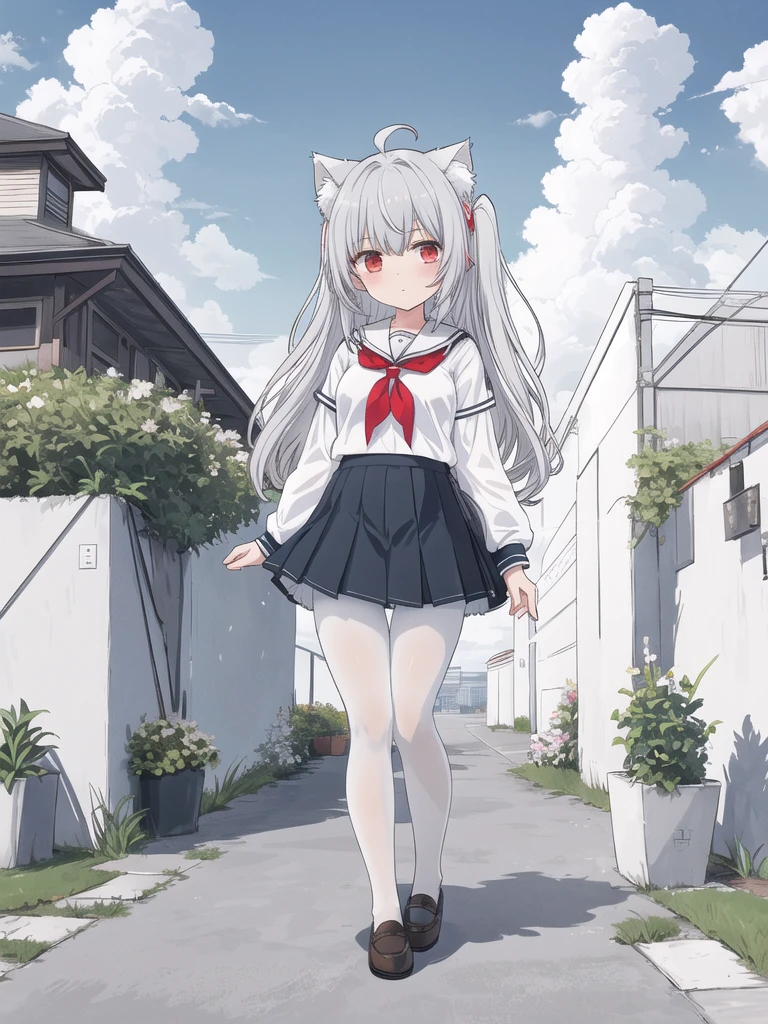 ((masterpiece, Best Quality)), girl, Alone, skirt, null,  at dawn, pantyhose, Seraph, cloud,Outdoor,   Neckerchief   ,day, bangs,  fence, shirt, Ahoge, rooftop, Long Hair, white pantyhose,Gray Hair,   white school uniform , white Sailor collar,Red eyes, Sailor collar, white skirt, red   Neckerchief  , white Seraph,  animal ears , blue null,white shirt,  watching viewers ,  closed mouth,cat ears, chain-link  fence, white skirt, cloudy null, trash can, Pleats,No shoes,Full Body,landscape,city