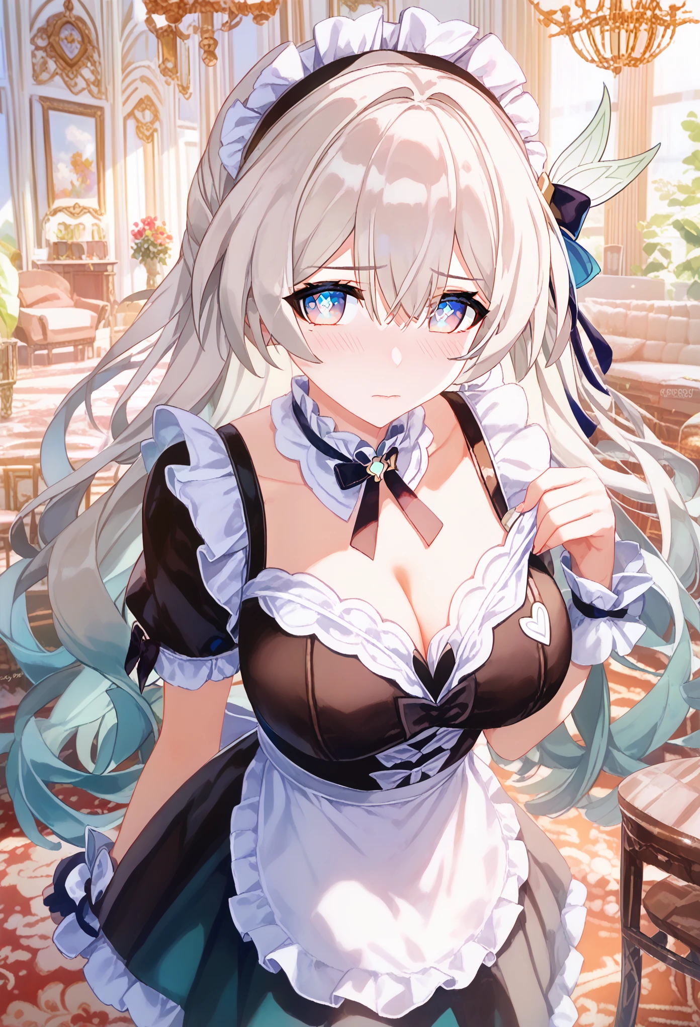 masterpiece , best quality , ultra-detailed , high resolution , extremely detailed CG , unity 8k wallpaper, super detailed skin, perfect anatomy , beautiful detailed eyes ,1girl,robrn, honkai star rail,long hair , beautiful maid, maid apron,naughty outfit , embarrassed ,blush , vulgarity, large breasts ,cleavage, midriff peek ,Curvy body,living room , curtsey, trembling,