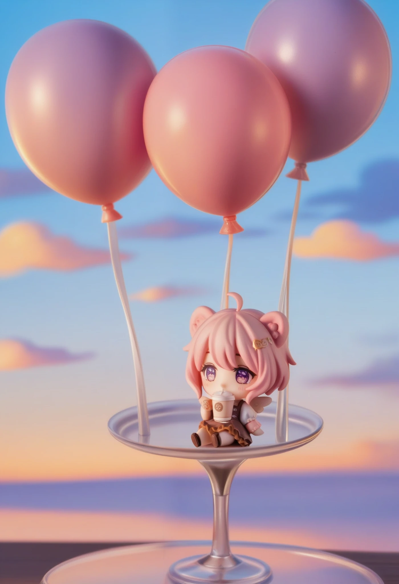 masterpiece, best quality, ultra-detailed, minimal object, chibi, Low Fidelity (lofi) art style, pastel pink and purple tones. A small, cozy café is floating high above the clouds, suspended in the sky by a few simple balloons. The café has a minimal design, with clean, soft lines, and inside, small chibi characters sit at tiny tables, sipping coffee and chatting. Outside the windows, the pastel sky stretches endlessly, with fluffy clouds floating by in soft pink and purple hues. A small chibi figure stands at the café door, their back to the viewer, gazing out at the dreamy sky. The floating café scene is surreal yet calming, creating a peaceful and impossible moment in the sky.