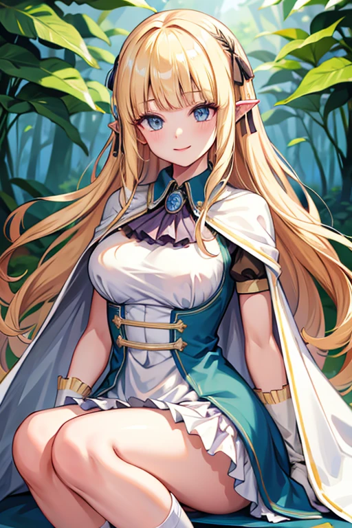 ((Best Quality)), ((masterpiece)), ( Details), Saren、whole body、
 long hair、 blonde hair 、 Hair Ribbon 、 black ribbon、Hair accessories、Blunt bangs、 pointed ears、Large Breasts、brooch、White Cape、Light blue dress、 underbust 、Short sleeve、White gloves、White Skirt、 frill skirt、 white knee socks 、smile、
In the bright forest、８k
