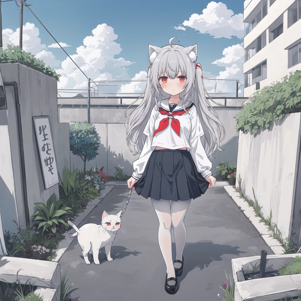 ((masterpiece, Best Quality)), girl, Alone, skirt, null,  at dawn, pantyhose, Seraph, cloud,Outdoor,   Neckerchief   ,day, bangs,  fence, shirt, Ahoge, rooftop, Long Hair, white pantyhose,Gray Hair,   white school uniform , white Sailor collar,Red eyes, Sailor collar, white skirt, red   Neckerchief  , white Seraph,  animal ears , blue null,white shirt,  watching viewers ,  closed mouth,cat ears, chain-link  fence, white skirt, cloudy null, trash can, Pleats,No shoes,Full Body,landscape,city