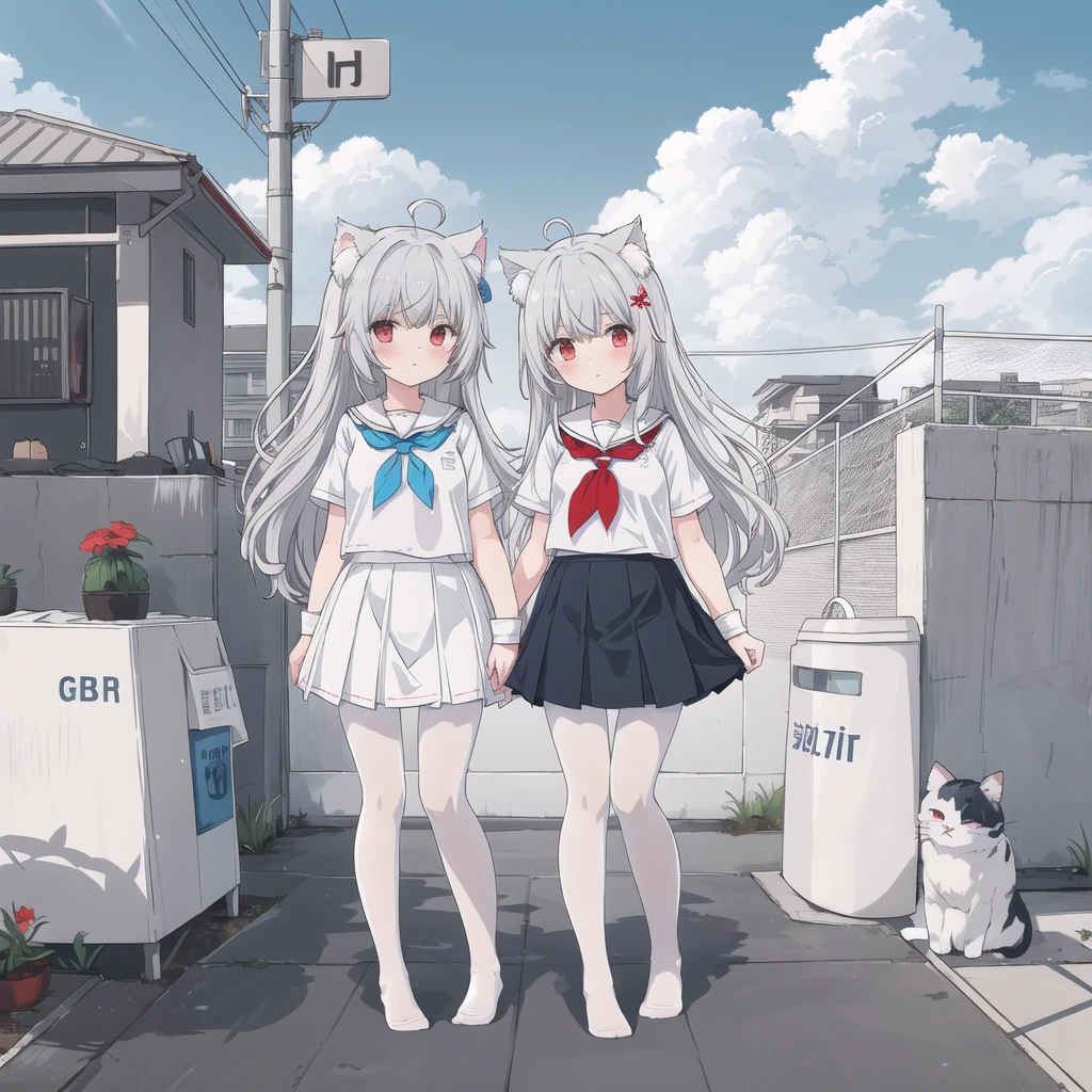 ((masterpiece, Best Quality)), girl, Alone, skirt, null,  at dawn, pantyhose, Seraph, cloud,Outdoor,   Neckerchief   ,day, bangs,  fence, shirt, Ahoge, rooftop, Long Hair, white pantyhose,Gray Hair,   white school uniform , white Sailor collar,Red eyes, Sailor collar, white skirt, red   Neckerchief  , white Seraph,  animal ears , blue null,white shirt,  watching viewers ,  closed mouth,cat ears, chain-link  fence, white skirt, cloudy null, trash can, Pleats,No shoes,Full Body,landscape,city