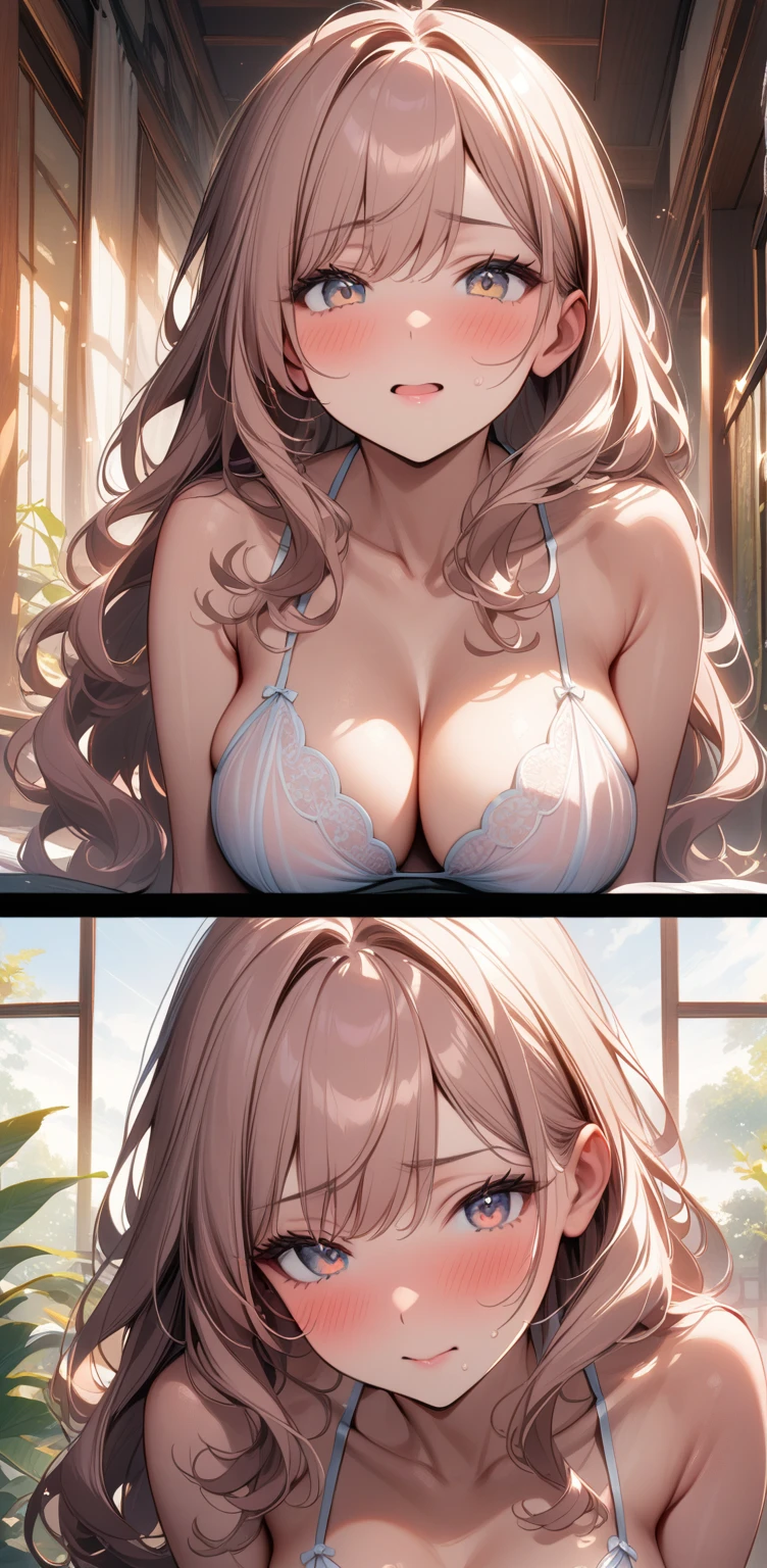 （a side ponytail:1.5、 I drool、Big Breasts、   embarrassed expression   、 composition focusing on the face  、nsfw.（ embroidered light pink lingerie with a very delicate depiction :1.7）、（Translucent lingerie:1.6）.2 women,    Woman with a gentle expression .  soft pink and beige hair color ,   Natural Light Creates Gentle Shadows on the Face,   soft wavy hair and smooth skin , Warm light shines in,  A little star shining in your eyes ,   long eyelashes, Soft lip lines, Natural three-dimensional effect,  gentle smile, ((masterpiece)), ((  best quality  )), (  very detailed  ), (  very detailed  )), 4K, (8k),   so beautiful,  absurd,  Kampala ,