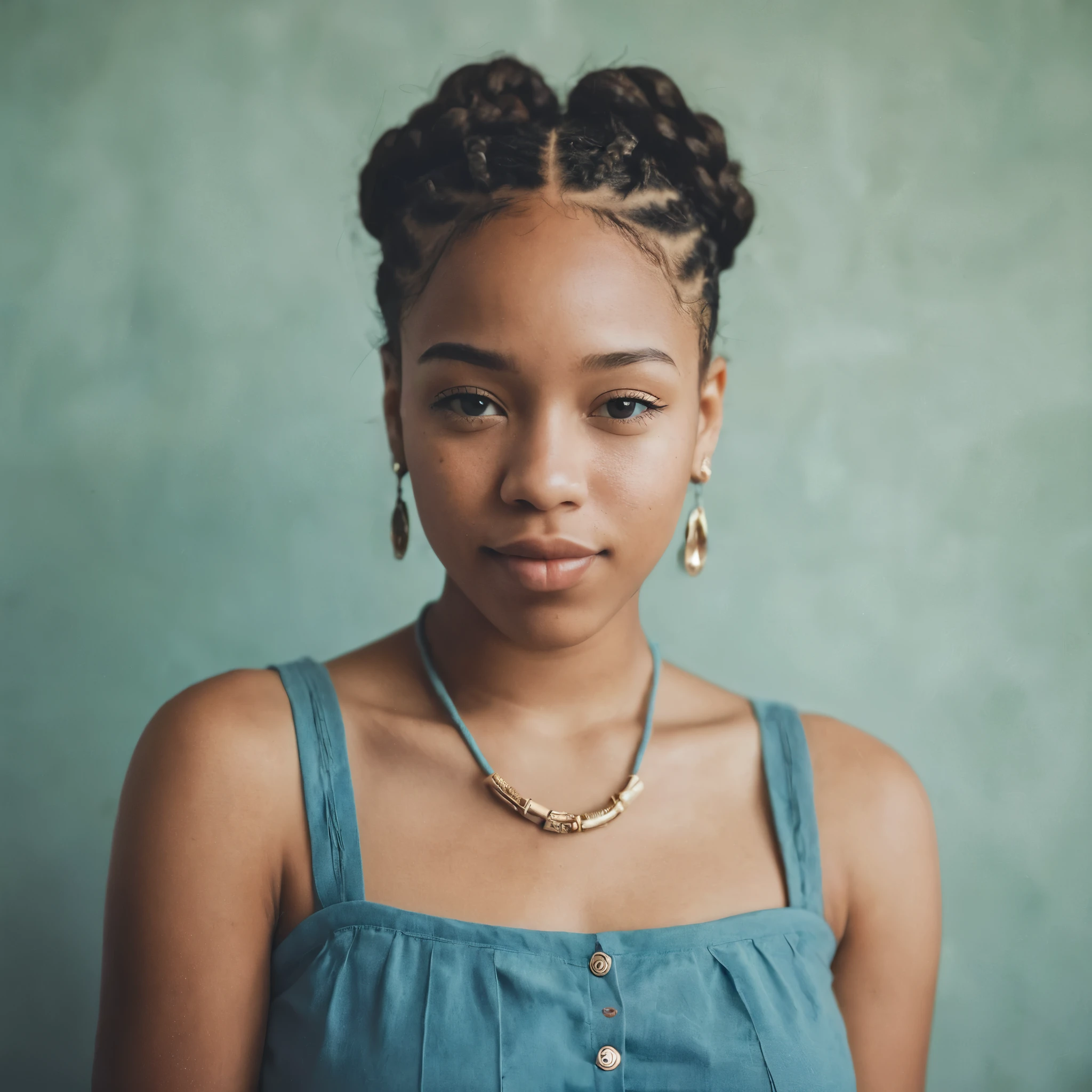 [A young black woman with ((light skin)) and Single braid, posing in a tight blue dress,  appearing relaxed and slightly playful], [Casual portrait photography,  with a slightly vintage oltered aesthetic ], [Similar color grading and casual feel to some of the work found on Instagram and TikTok], [Soft, natural lighting, possibly indoor.  Slightly desaturated colors with a warm tone.  The background is blurred and indistinct, focusing attention on the subject.  A filter has been applied, giving a slightly dreamy or nostalgic feel. The image has a slightly grainy texture.  The overall mood is carefree and summery.]Looking at viewer, Jewelry, 