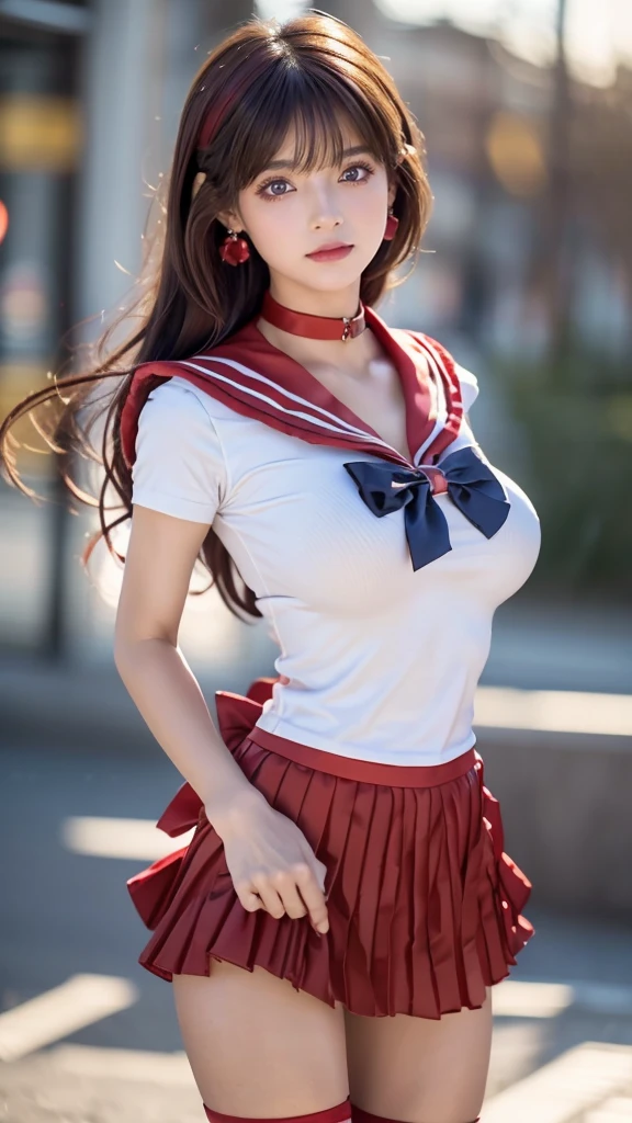 (absurderes, hight resolution, Ultra-detail, nffsw), masutepiece, Best Quality, SAMA1, tierra, Sailor Senshi Uniform, White Gloves, Red sailor collar, Red skirt, Star Necklace, elbow groves, Pleated skirt, Bare legged, Purple bow, Denim Shooting, Outdoors, bokeh (85mm lens), front facing camera, Gentle expression, wind blowing hair, fluffy hair, hair ((brown)), Ponytail, Casual hairstyles, , Mole under the left eye, Perfect body, huge-breasted, huge breasts, Top quality wearing hair ribbons, Earrings top quality, Huge breasts,miniskirt,pantyhose,Cleavage,Low-cut