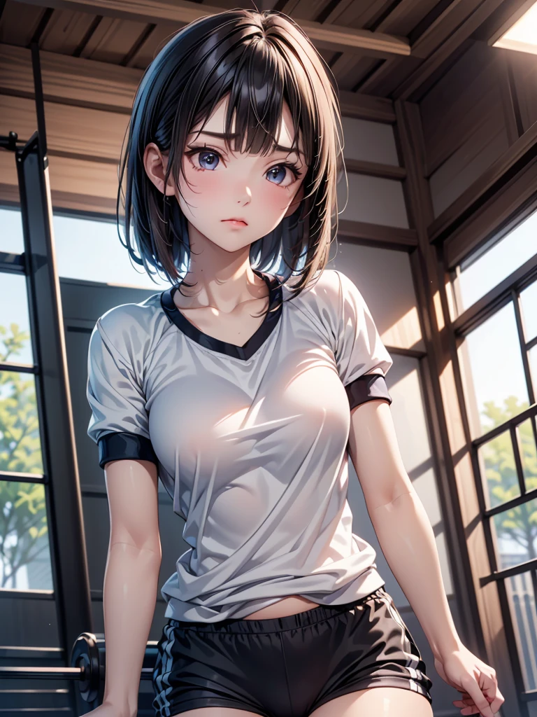 absurdres, RAW photo, extremely delicate and beautiful, masterpiece, Best Quality, ultra high resolution, 32k, hyperrealistic, ultra-detailed, in her 20s, delicate facial features, tearful mole, earring, medium breasts, full body shot, shorter middle hair, black hair, tennis uniform, shirt, shorts,