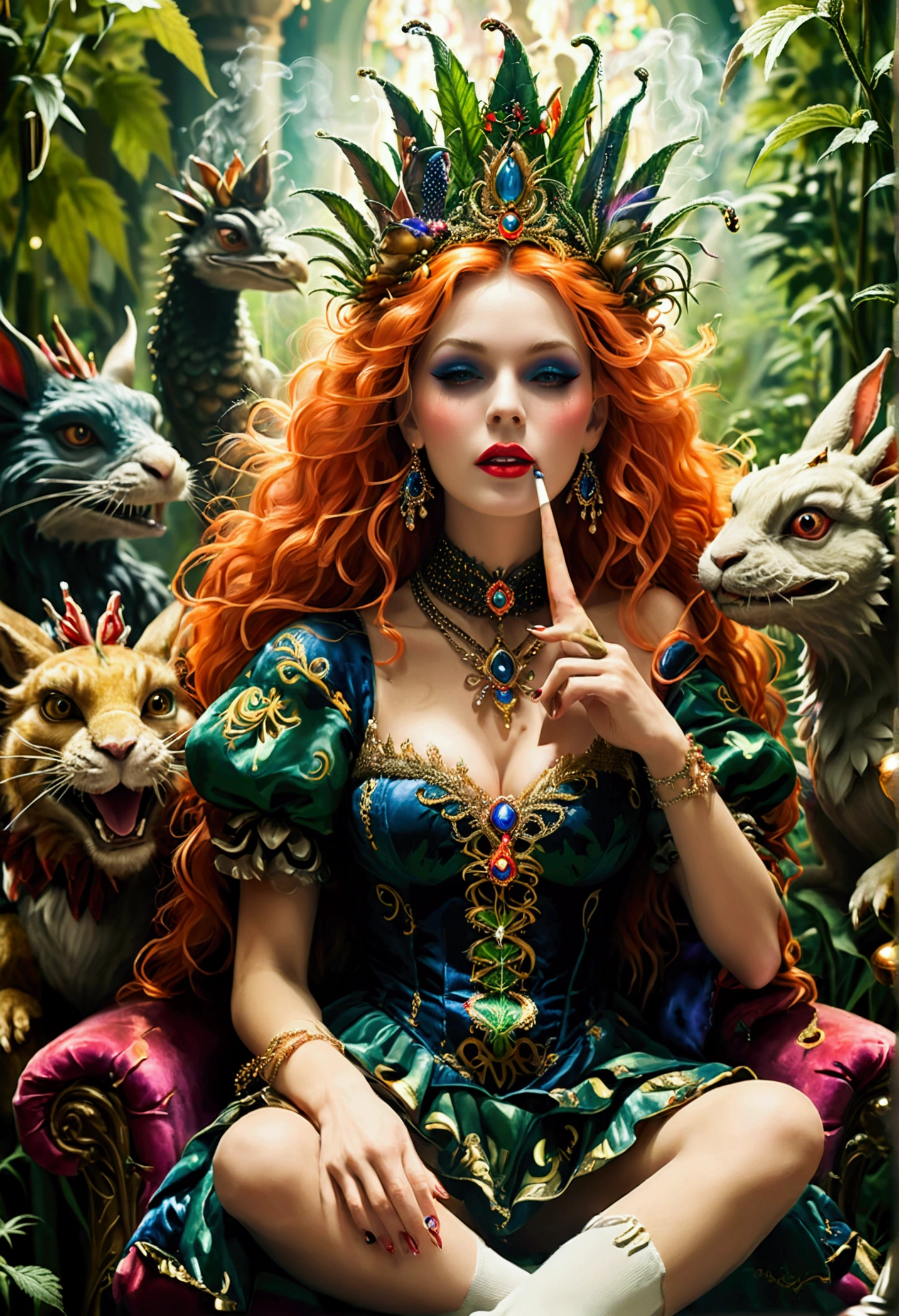 Cannabis queen sitting on her throne being entertained by the courts jester, she is smoking a large bong and is surrounded by mythical animals similar to an Alice in Wonderland storyline