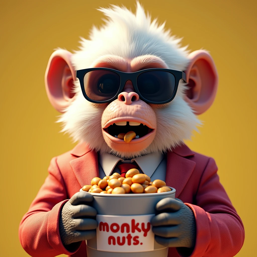 An artful rendering of monkey with  fur and brown skin in a cool suit and sunglasses, eating a bucket of nuts bucket says "monky nuts" with a bright and colorful background, rendered in 8K hyper-realism.