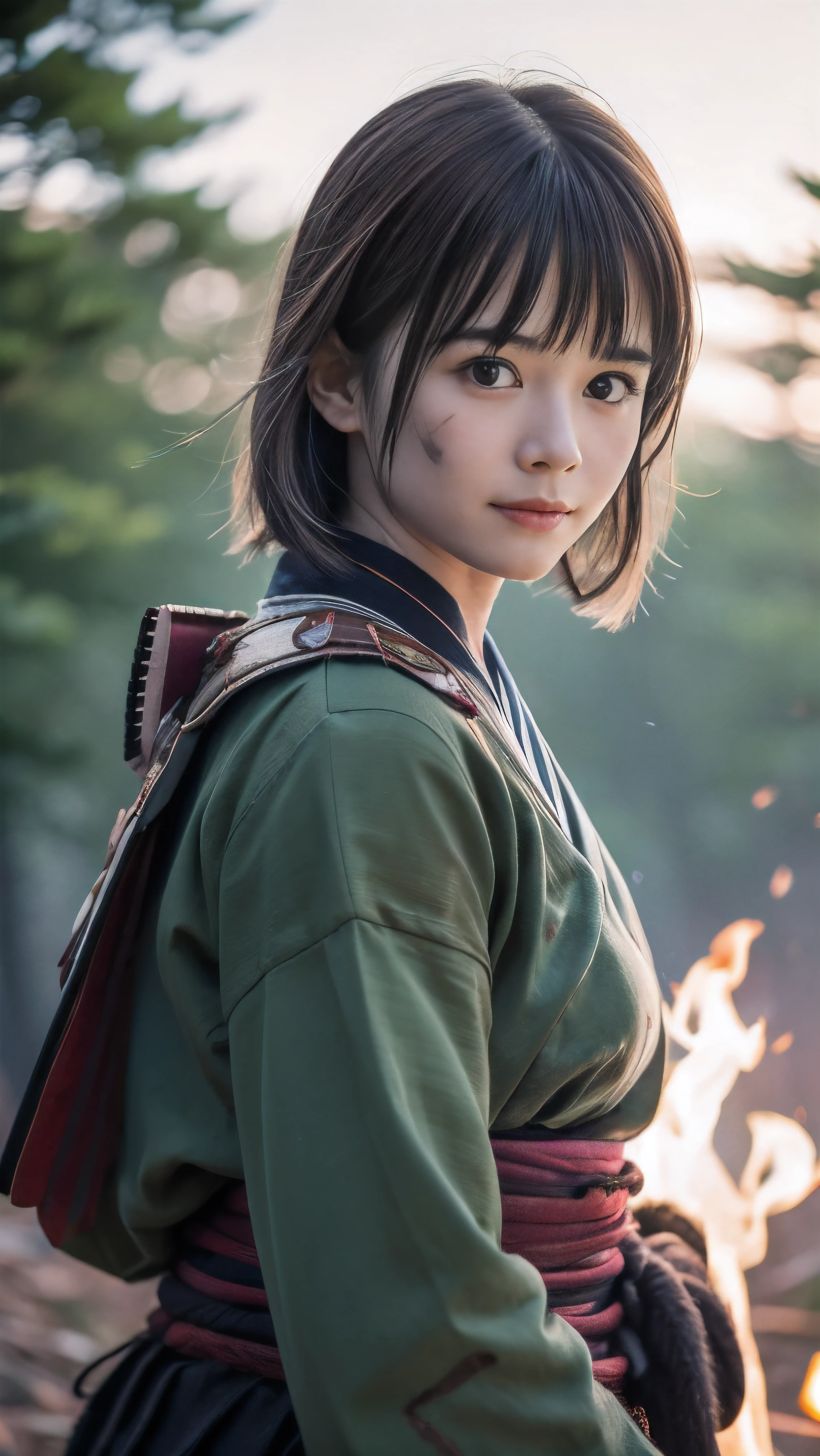 (Close up portrait of one slender small breast round face brown short hair with bangs girl in a green colored dirty armor warrior as samurai in Japan :1.5)、(One girl take a rest near the bonfire on the wilderness land in old Japan with dirty little smile:1.5)、(Dark midnight:1.5)、(blurred background:1.5)、(Natural light:1.5)、(8k ultra detailed master piece:1.5)、(perfect anatomy:1.5)、(Photorealistic stick:1.5)、(Raw photo:1.3)、(highest quality:1.5)、(High resolution:1.3)、(Delicate and beautiful perfect face:1.3)、(Delicate and beautiful eye air skin:1.3)、(Real Human Skin:1.3)、((thin legs))