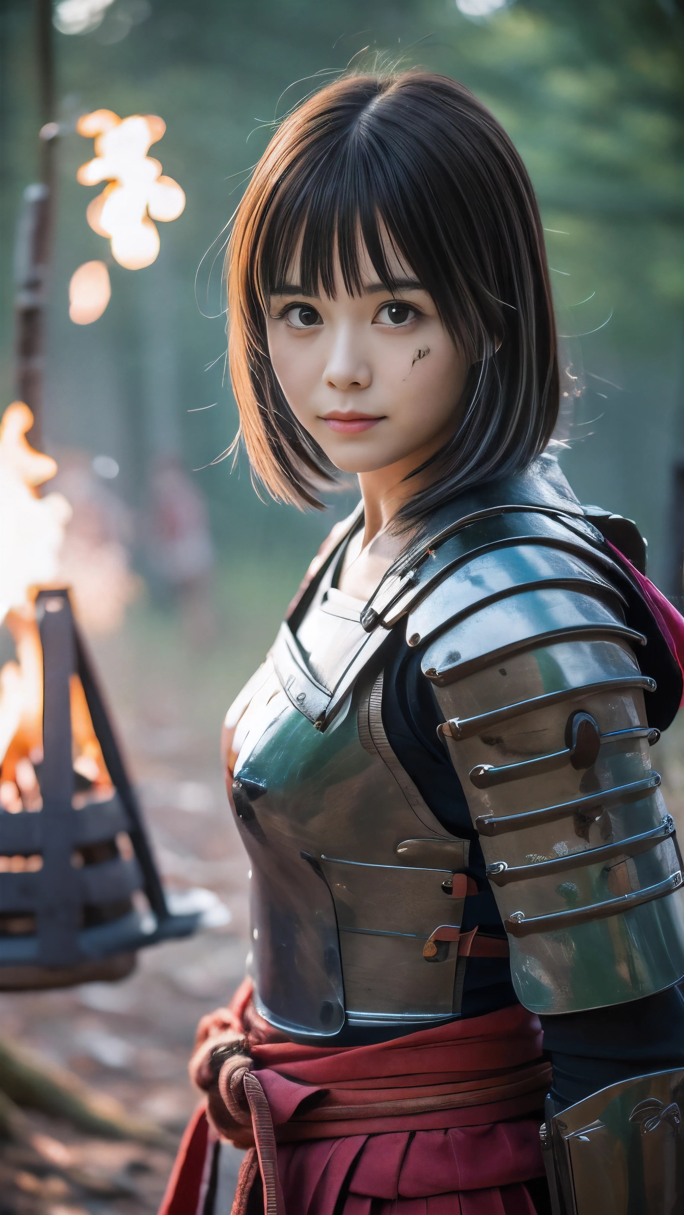 (Close up portrait of one slender small breast round face brown short hair with bangs girl in a green colored dirty armor warrior as samurai in Japan :1.5)、(One girl take a rest near the bonfire on the wilderness land in old Japan with dirty little smile:1.5)、(Dark midnight:1.5)、(blurred background:1.5)、(Natural light:1.5)、(8k ultra detailed master piece:1.5)、(perfect anatomy:1.5)、(Photorealistic stick:1.5)、(Raw photo:1.3)、(highest quality:1.5)、(High resolution:1.3)、(Delicate and beautiful perfect face:1.3)、(Delicate and beautiful eye air skin:1.3)、(Real Human Skin:1.3)、((thin legs))