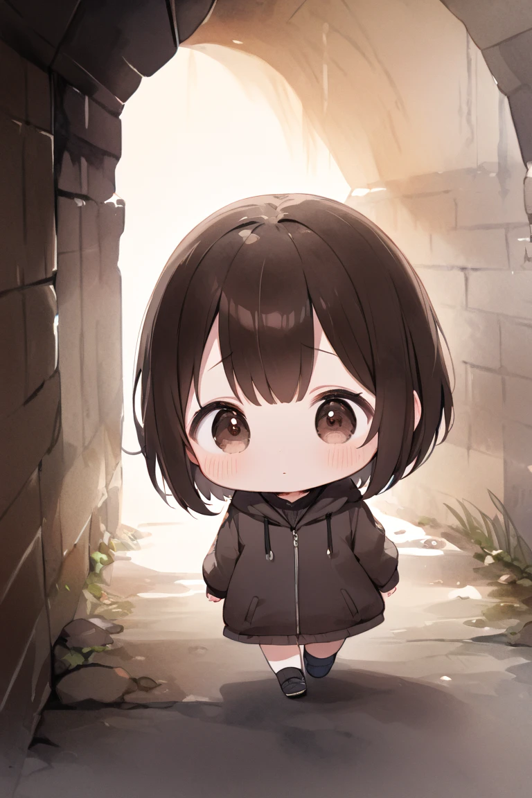 (masterpiece, best quality, hyper detailed:1.2), Thin line drawing, cute, (watercolor:1.2), dark hazy atmosphere,
1girl, chibi, fair skin, dark brown bob cut, big droopy eyes, dark brown eyes, 
in Abandoned Tunnel, walking, Holding one’s head, desperate, shedding tears,