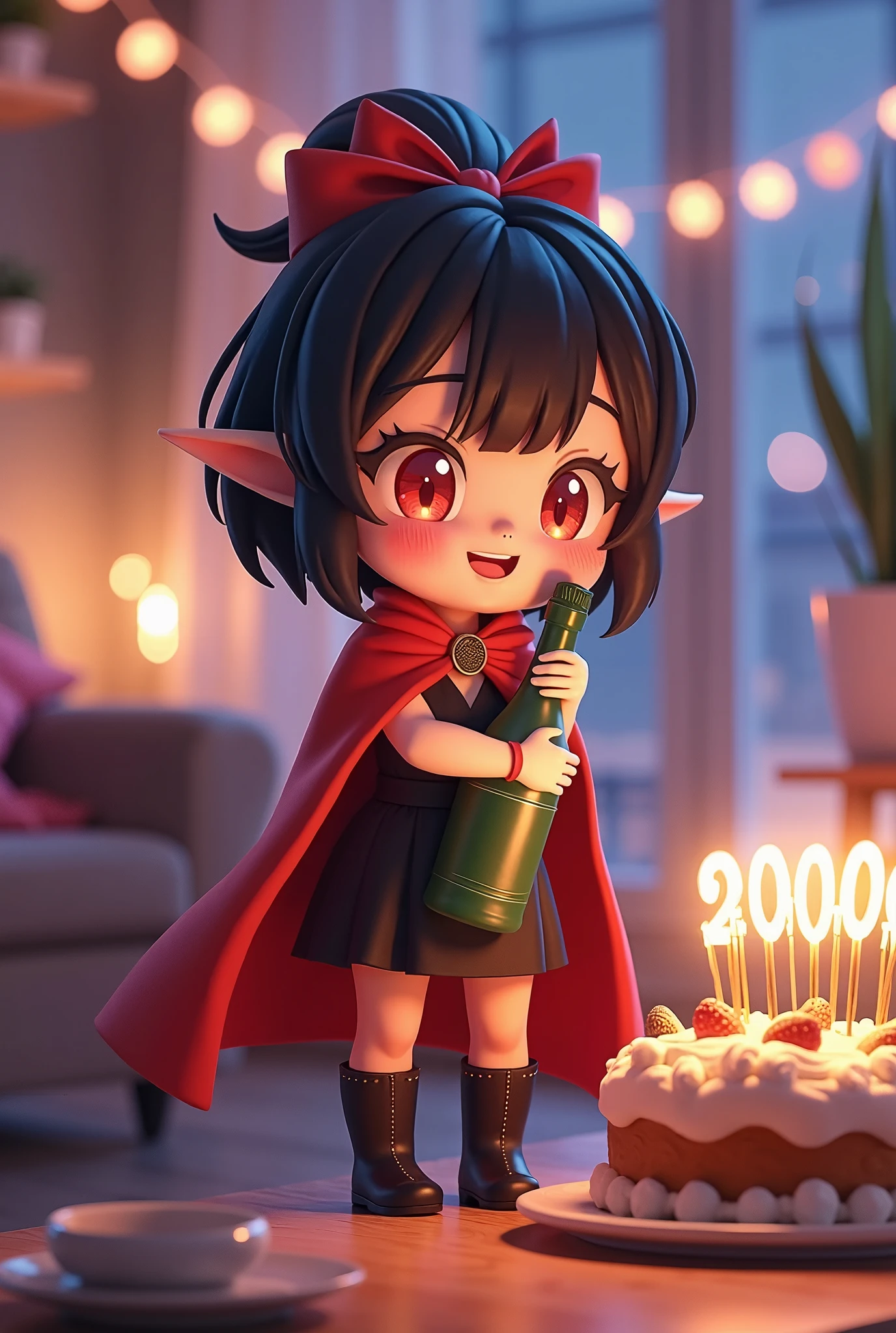 2.5D, anime style, cute, chibi style, a girl hugging a champagne bottle, she has black hair and red eyes, pointy ears, she has short hair with red ribbon, she wearing a black sundress and red cloak, high leather boots, a birthday cake with candles "2000" on it, the cake is in-front of the girl, home party backgrounds, at night, bokeh, vibrant lighting