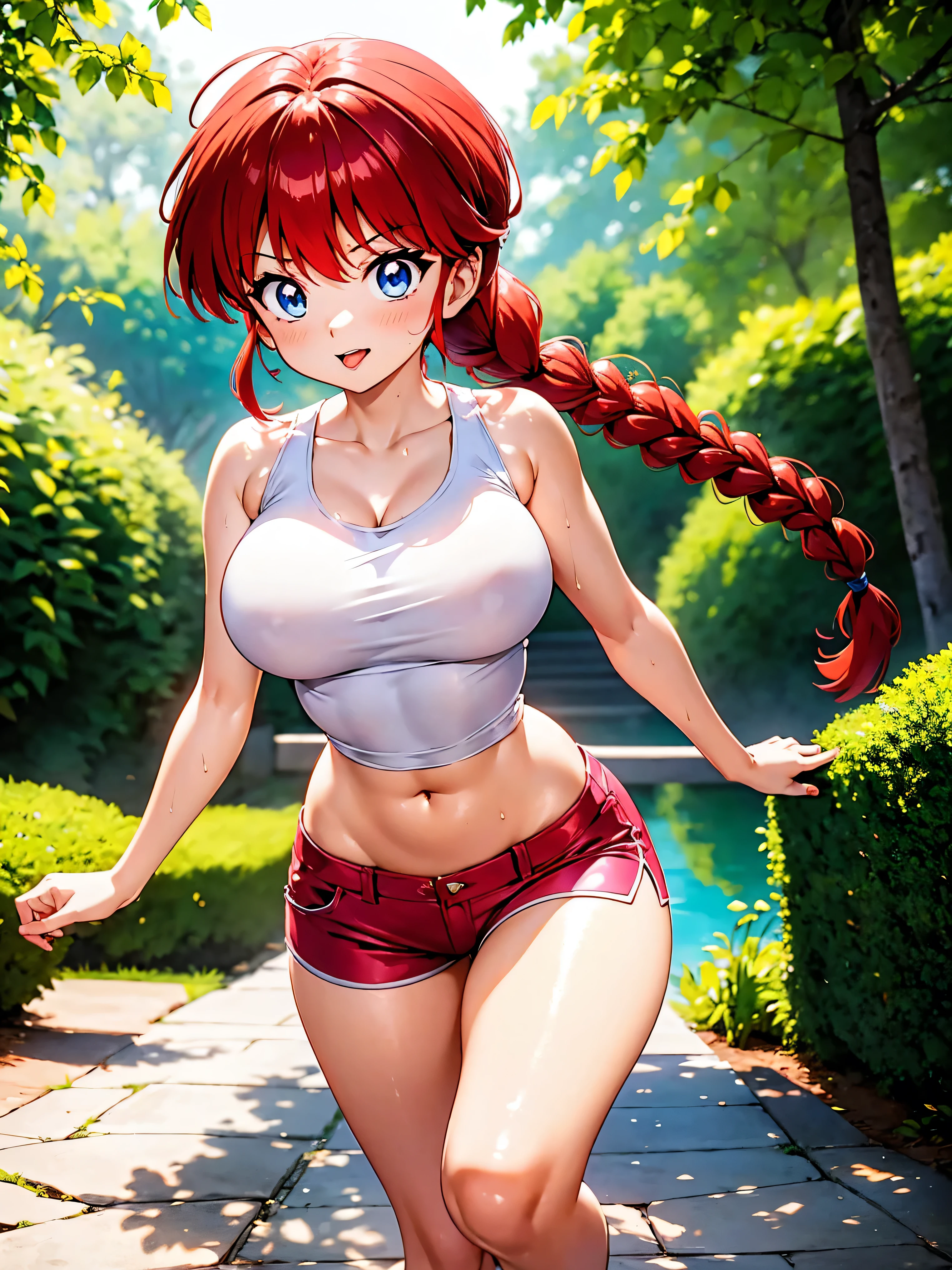 Sexy Anime Girl with Red Hair, hair with braid, wearing pink translucent shorts and a wet white tank top, white tank top, s, cute cute body, cute breasts, sexy girl, redhead and braid, strands of hair on the side of the face, beautiful lighting, soft shadows, blue eyes, beautiful legs, Anime style, ranma chan, Autora Rumiko Takahashi, Based on a work by Rumiko Takahashi, Anime Ranma 1/ 2, sexy, robust hip, full body, sexy bust, young woman with beautiful and gorgeous body, garota de s jovem baixa estatura, usando short sexy, wearing a white tank top, anime girl, anime styling, sexyposture, big eyes, sexy facial expression, showing tongue, posing in a garden