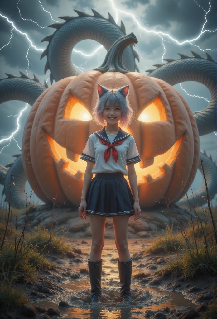 1 woman, With a Chinese dragon behind，Lightning thunder，There is a Chinese dragon behind the huge pumpkin house ，direction, Silver Hair,   heart-shaped student  , Cat ears朵, Grin, Glowing Light, Film Grain, 8K,  superdetail, Precise,  is the best quality, 1080P,  Ultra HD, 8K animal ears，Blushing，schoolgirl， white sailor suit with pink hair, blue collar ，cry，fall，Cat ears， a ，Shoot a real person ， is the best quality，masterpiece， extremely exquisite and beautiful ，Very  detailed，CG，8K， Amazing Cleavage ， detailed，masterpiece， is the best quality at best，Very  detailedd CG unity 8k wal，Wearing boots ， with pink hair ,   with legs stuck in the mud  ,  full of dirt ,  struggling in a muddy swamp 